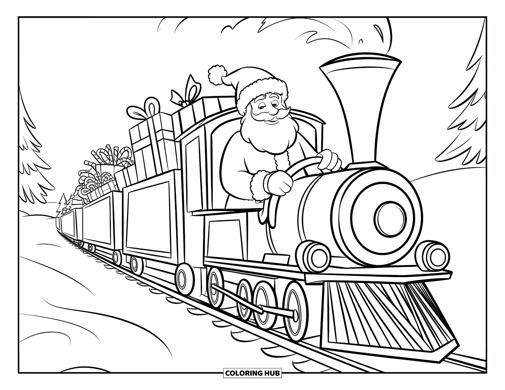 Kolorowanka z Mikołajem dla dzieci: Mikołaj macha z pociągu pełnego prezentów, jadącego po śnieżnych torach