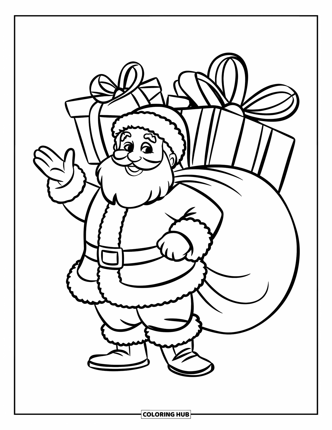Kolorowanka z Mikołajem dla dzieci: Mikołaj macha radośnie, stojąc obok dużego worka wypełnionego prezentami