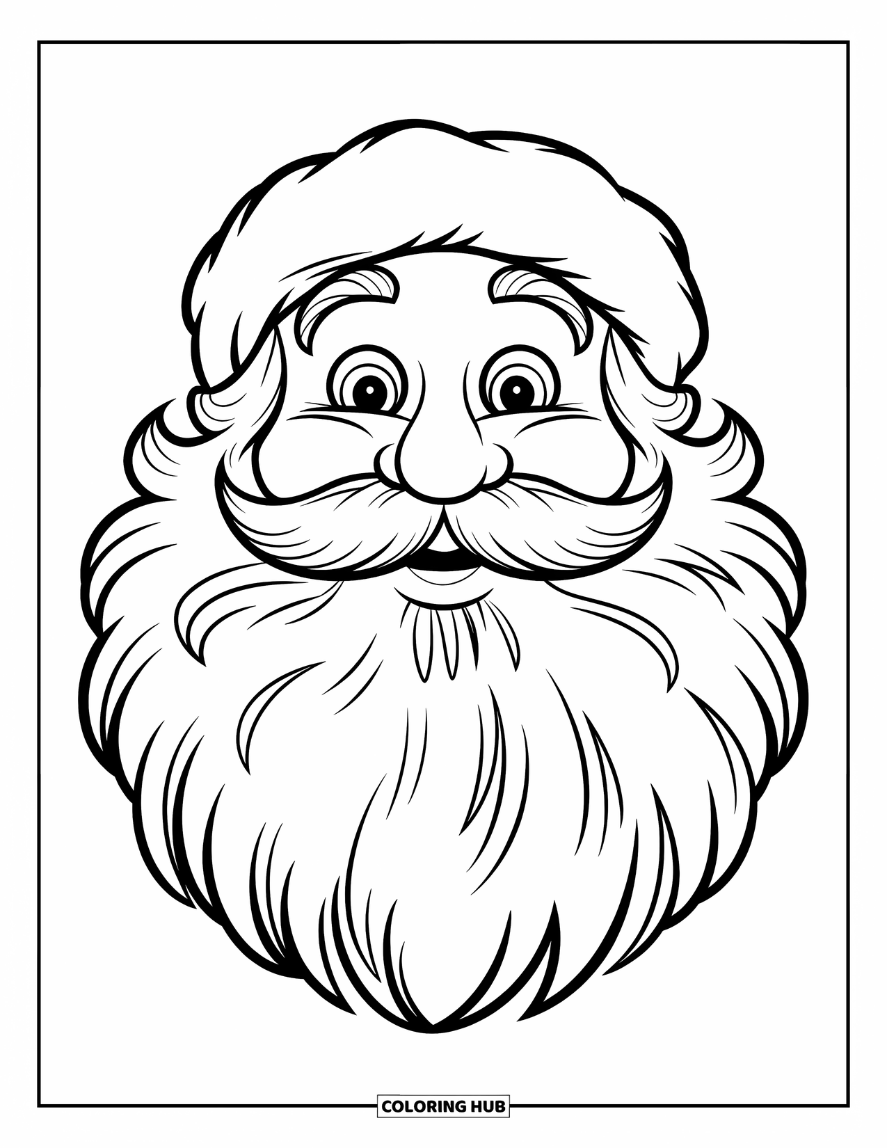 Kolorowanka z Mikołajem dla dzieci: Twarz Mikołaja wypełnia stronę, z okrągłym nosem i puszystą brodą