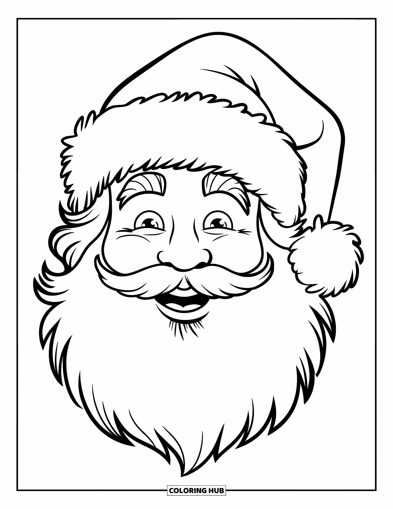 Kolorowanka z Mikołajem dla dzieci: Wesoła twarz Mikołaja, z puszystą czapką i długą brodą, wypełnia stronę