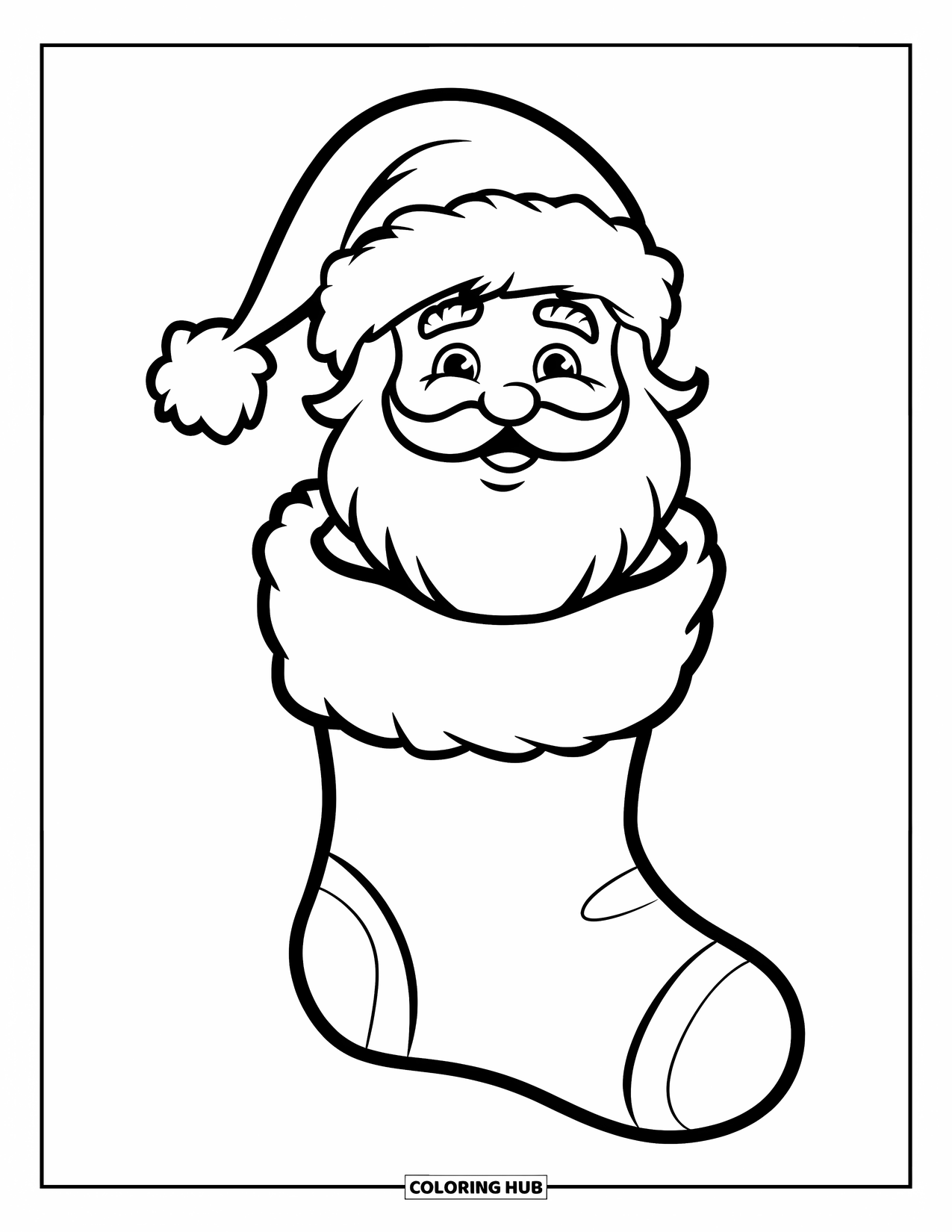 Kolorowanka z Mikołajem dla dzieci: Radosna twarz Mikołaja wygląda ze świątecznej skarpety, otoczona świątecznymi smakołykami