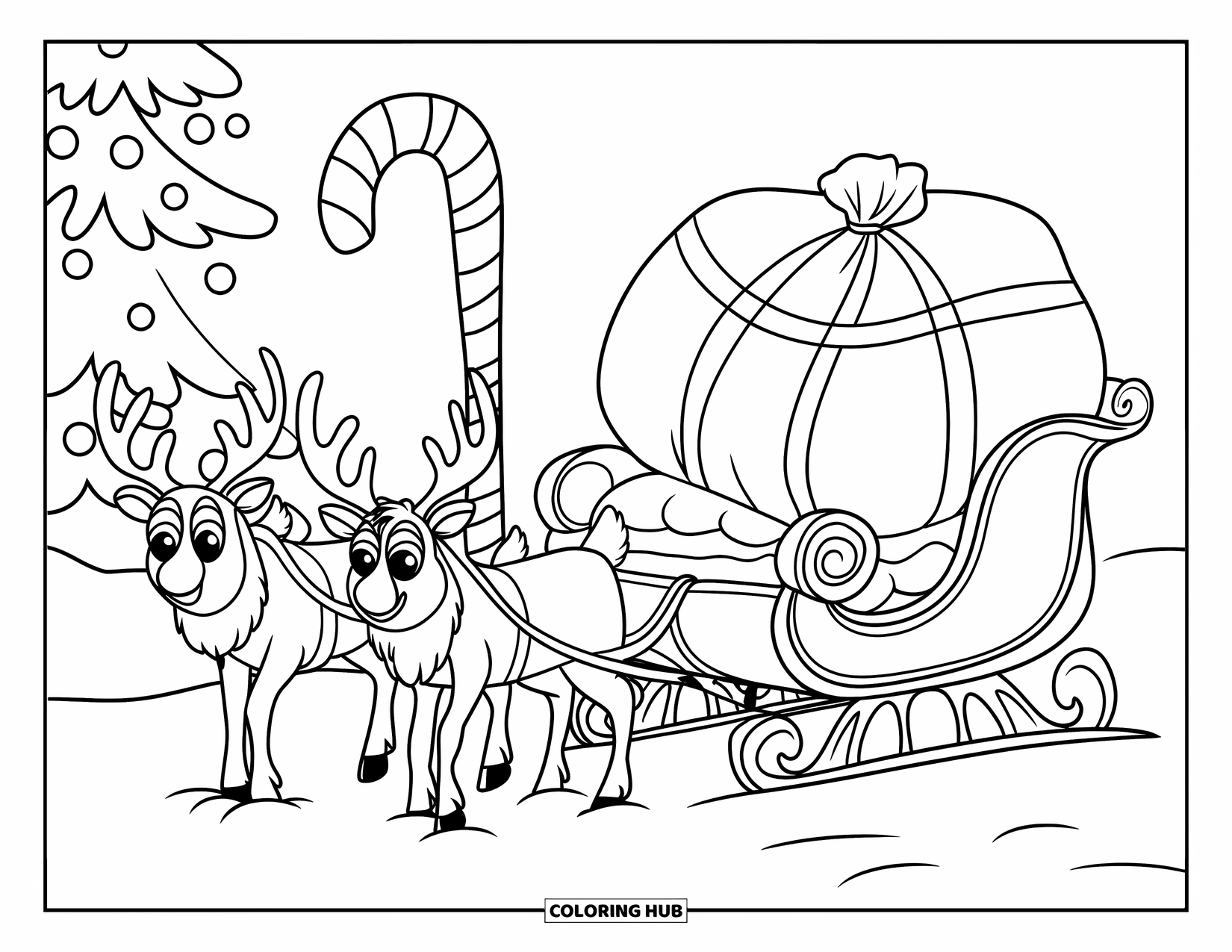 Kolorowanka z Mikołajem dla dzieci: Sanie Mikołaja zaparkowane są na śniegu, a w środku znajduje się duży worek z prezentami