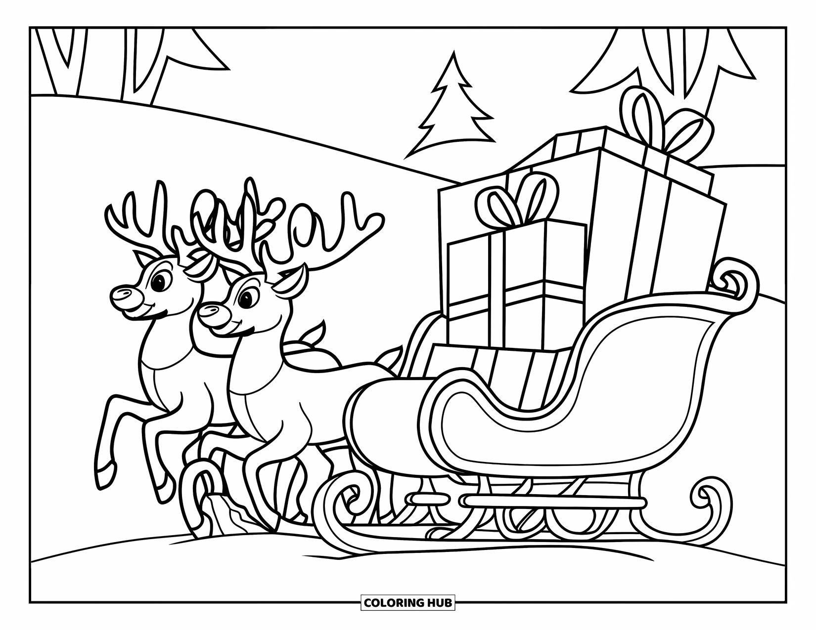 Kolorowanka z Mikołajem dla dzieci: Sanie Mikołaja spoczywają w śnieżnym krajobrazie, załadowane jedną dużą torbą z prezentami