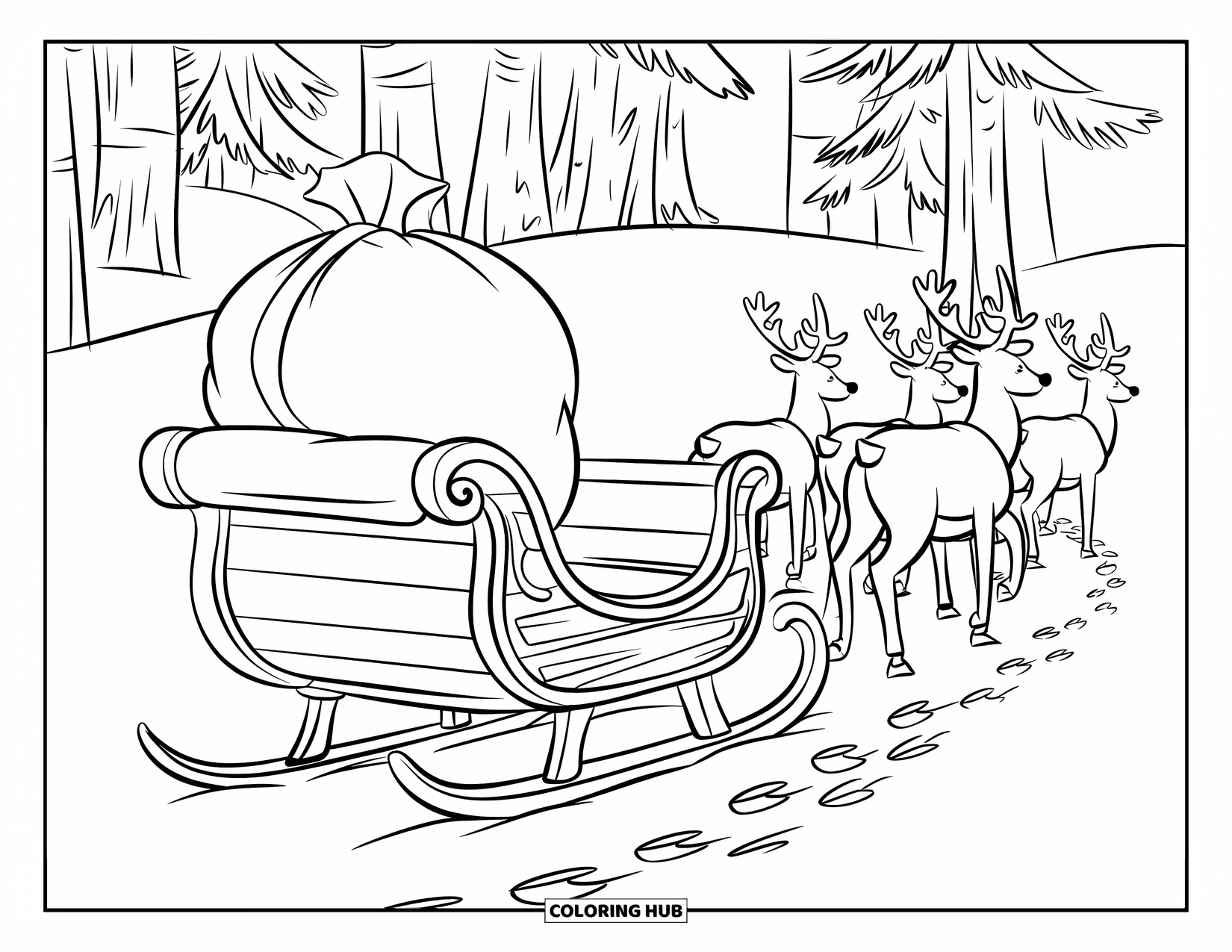 Kolorowanka z Mikołajem dla dzieci: Sanie Mikołaja stoją na śniegu, a ślady prowadzą w kierunku horyzontu