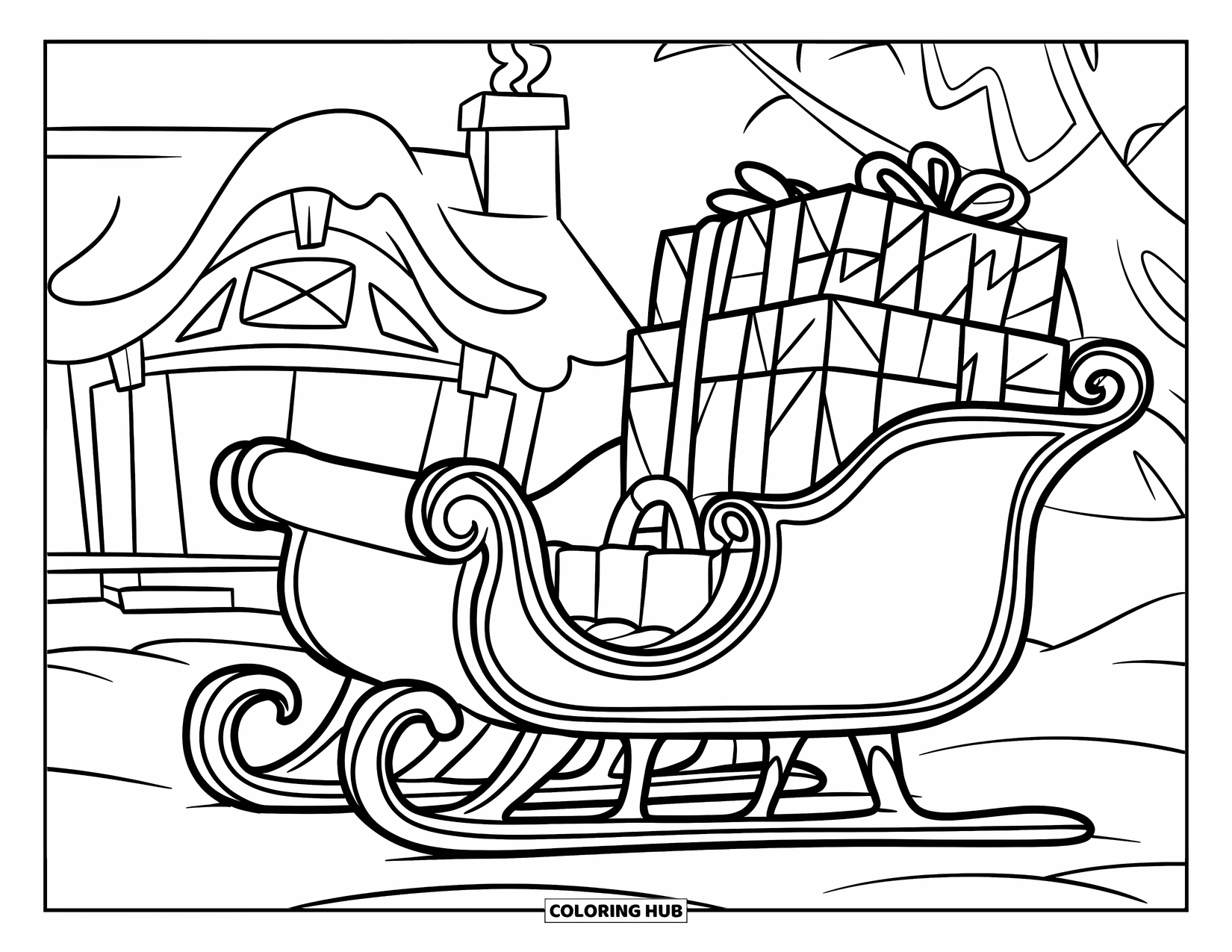 Kolorowanka z Mikołajem dla dzieci: Sanie Mikołaja czekają na śniegu, z jednym gigantycznym workiem prezentów w środku