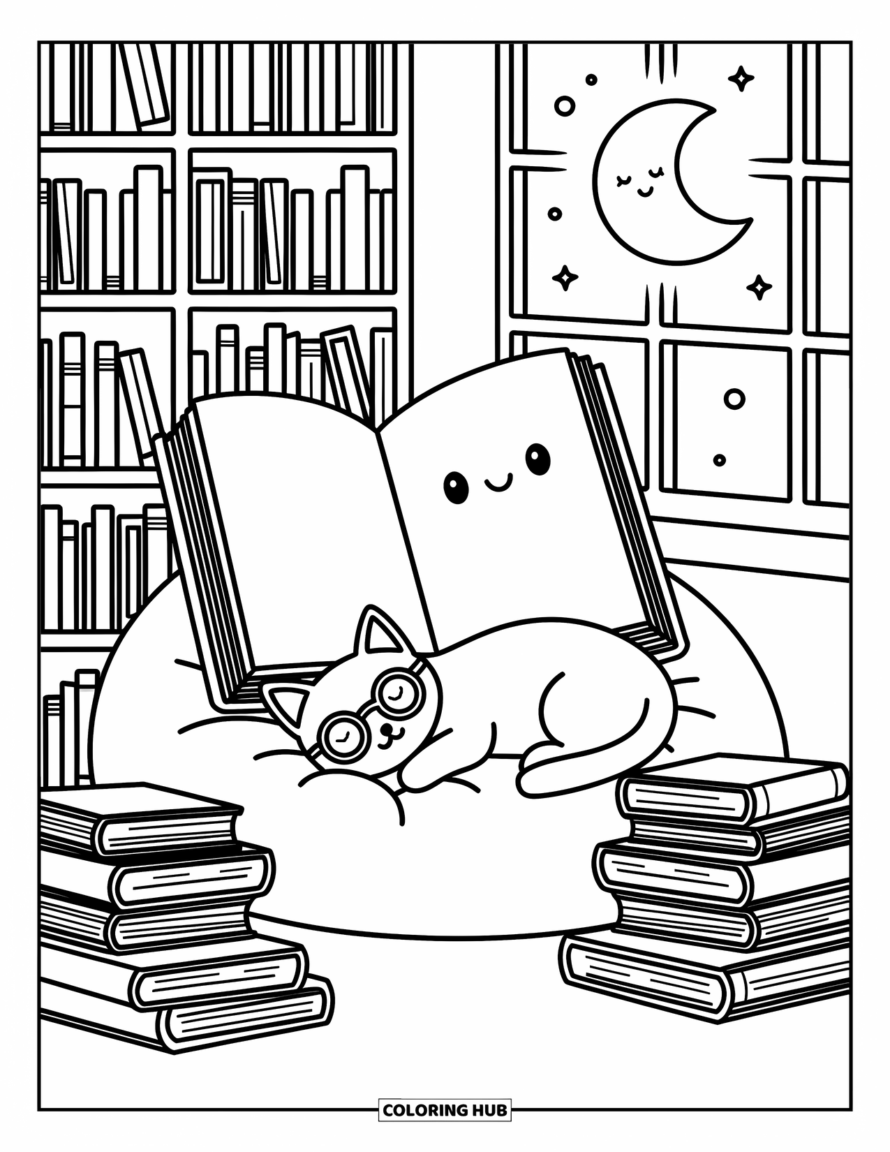 School Kleurplaat voor Volwassenen: Een kat dut met een bril in de buurt van stapels boeken en een vrolijk open boek onder maanlicht