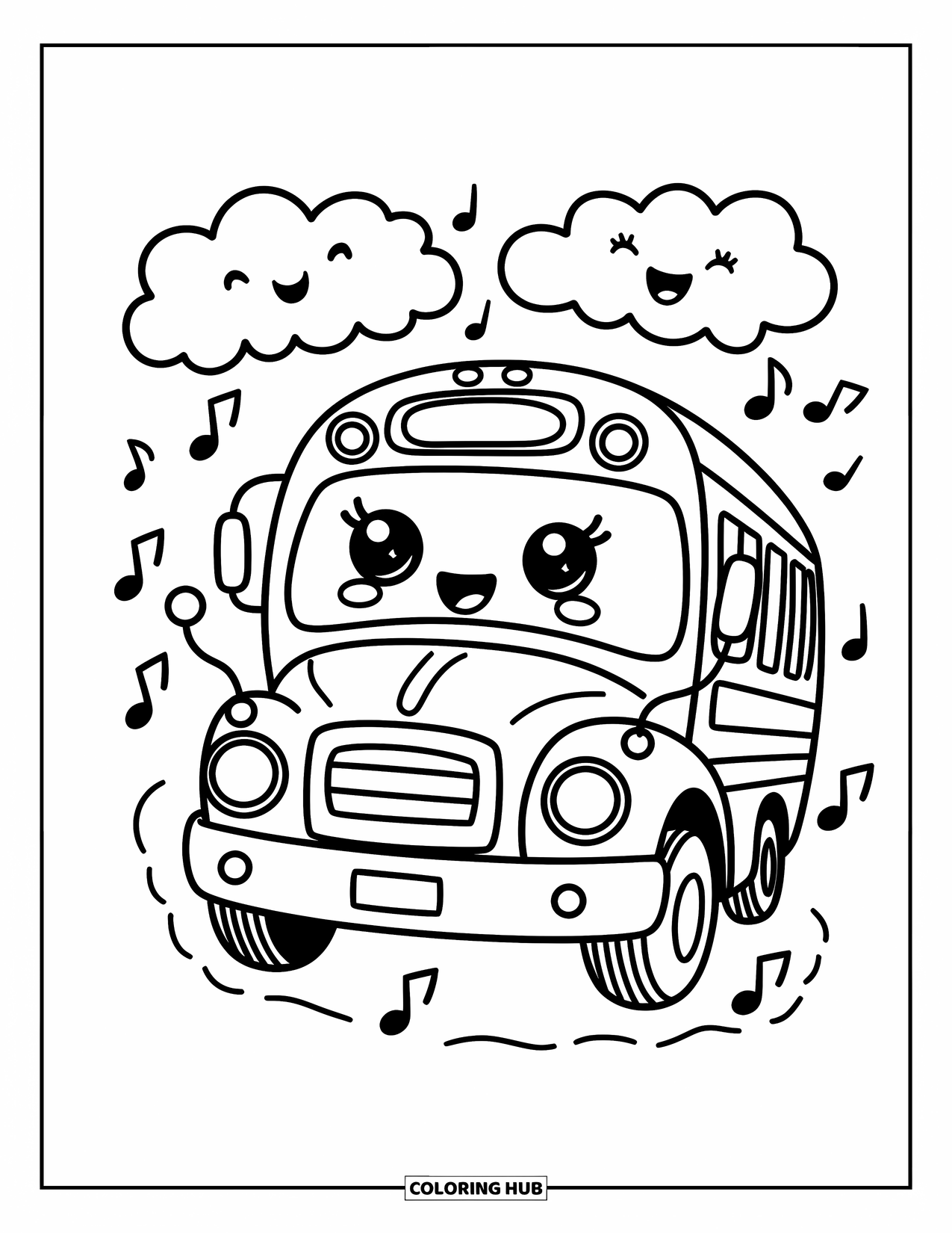 School Kleurplaat voor Volwassenen: Een vrolijke schoolbus met vriendelijke ogen is omgeven door zachte wolken en kleine muzieknoten