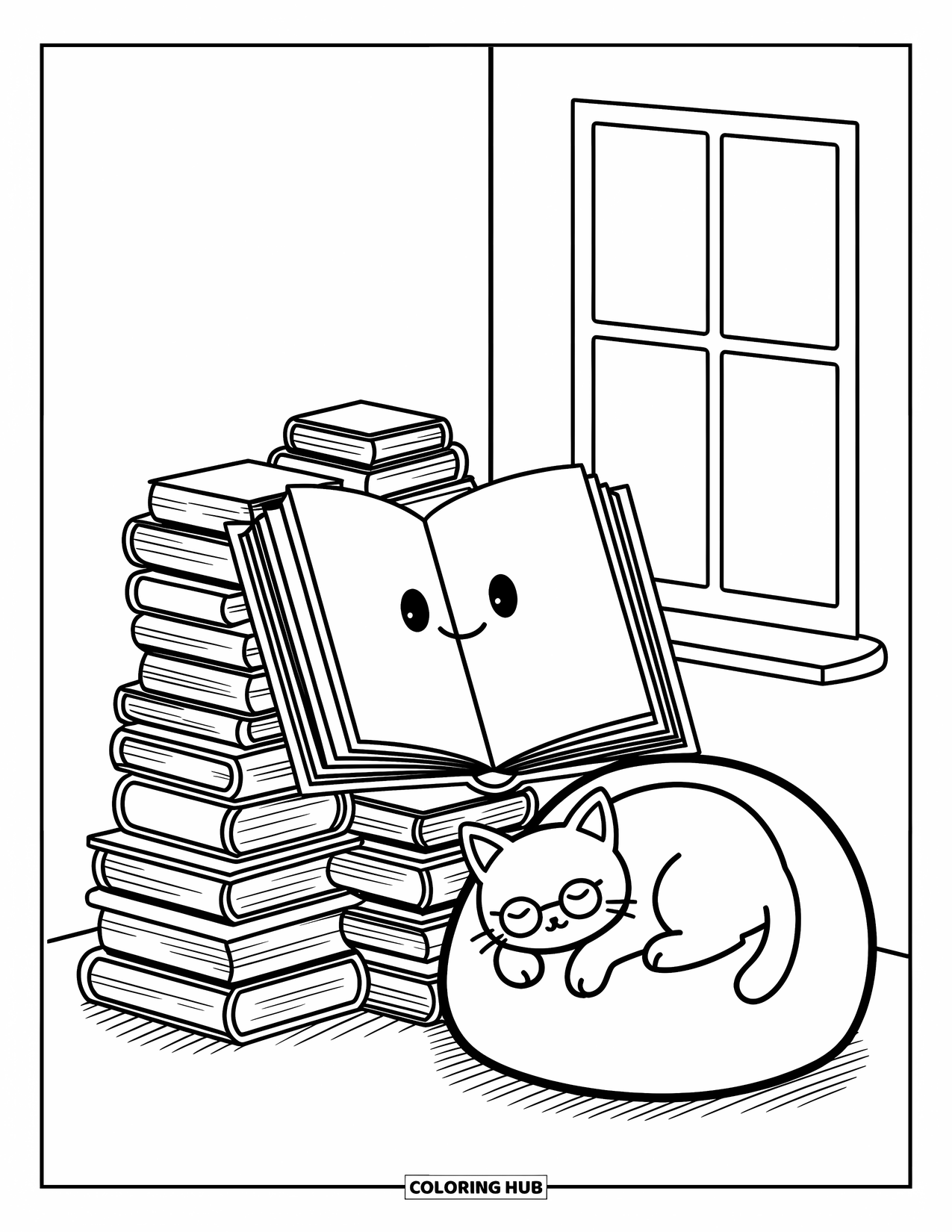 School Kleurplaat voor Volwassenen: Een gezellige bibliotheekscène met een duttende kat, lachende boeken en een heldere halve maan