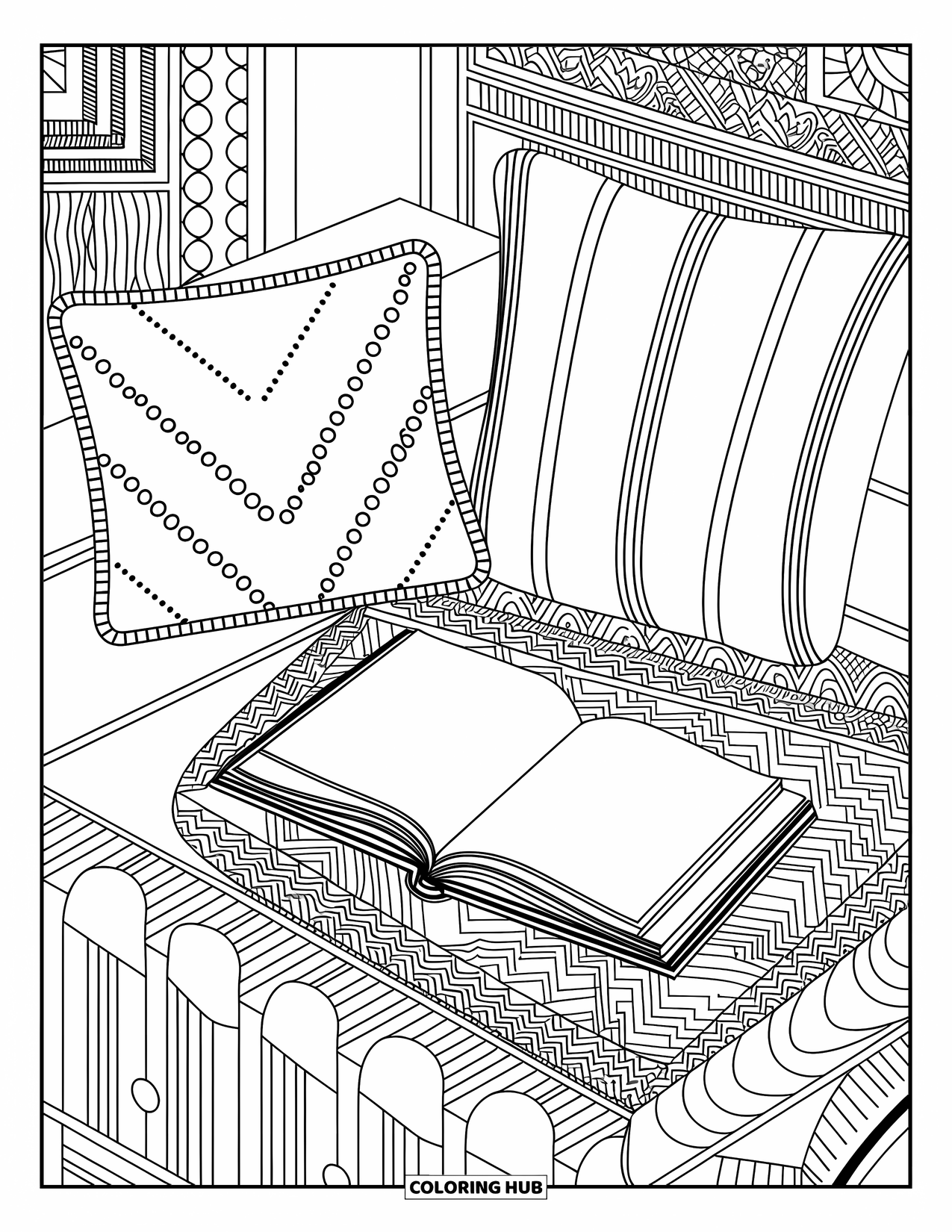 School Kleurplaat voor Volwassenen: Een gezellige leeshoek met zachte kussens, een open boek en een vloerkleed met patroon eronder