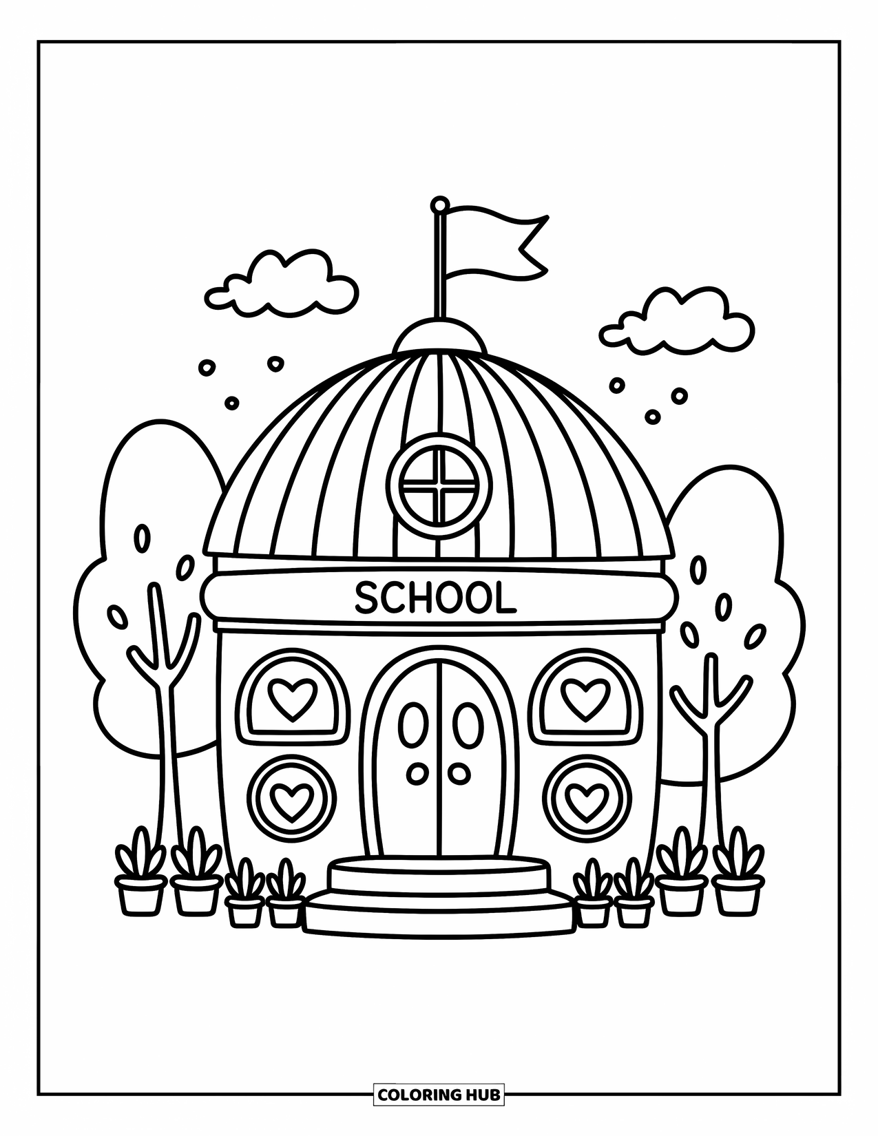 School Kleurplaat voor Volwassenen: Een gezellig schoolgebouw met hartramen, grote deuren, potplanten en een zwaaiende vlag
