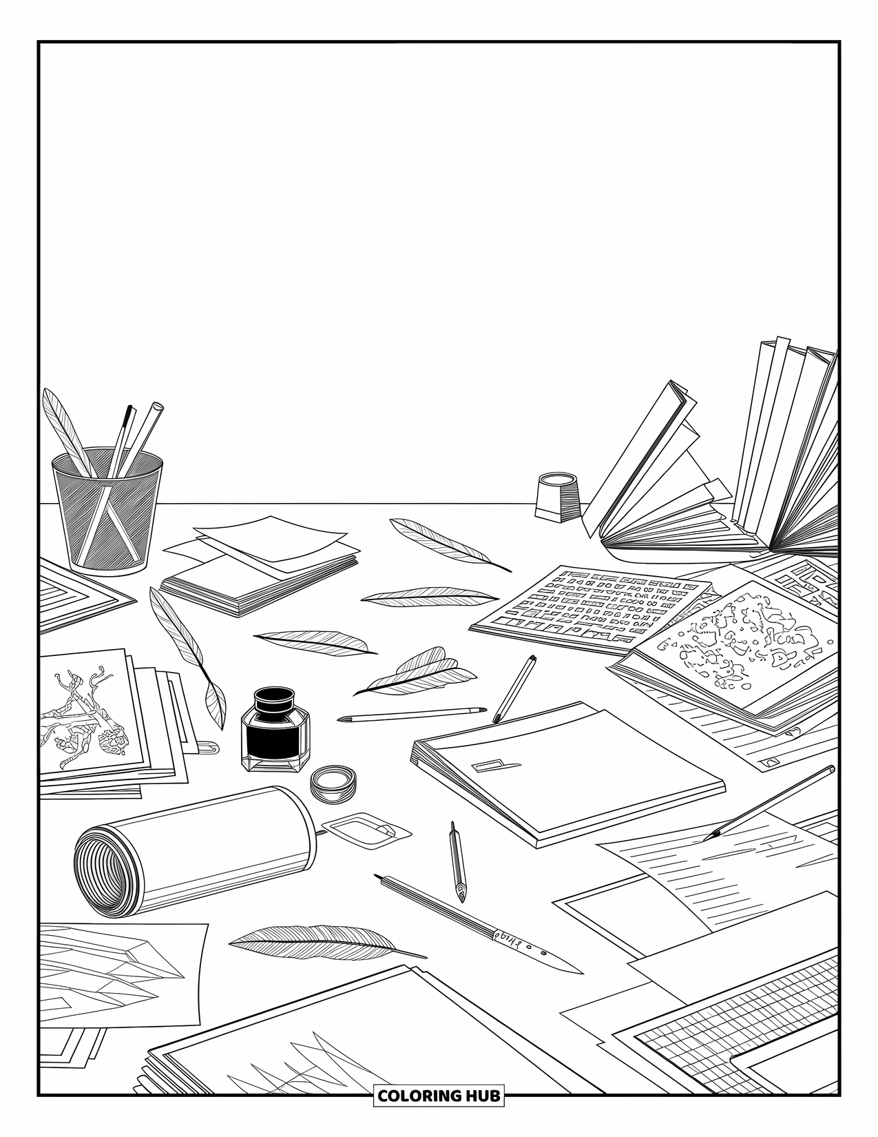 School Kleurplaat voor Volwassenen: Een creatieve werkruimte met pennen, perkamentrollen, schetsen en delicate patroonranden