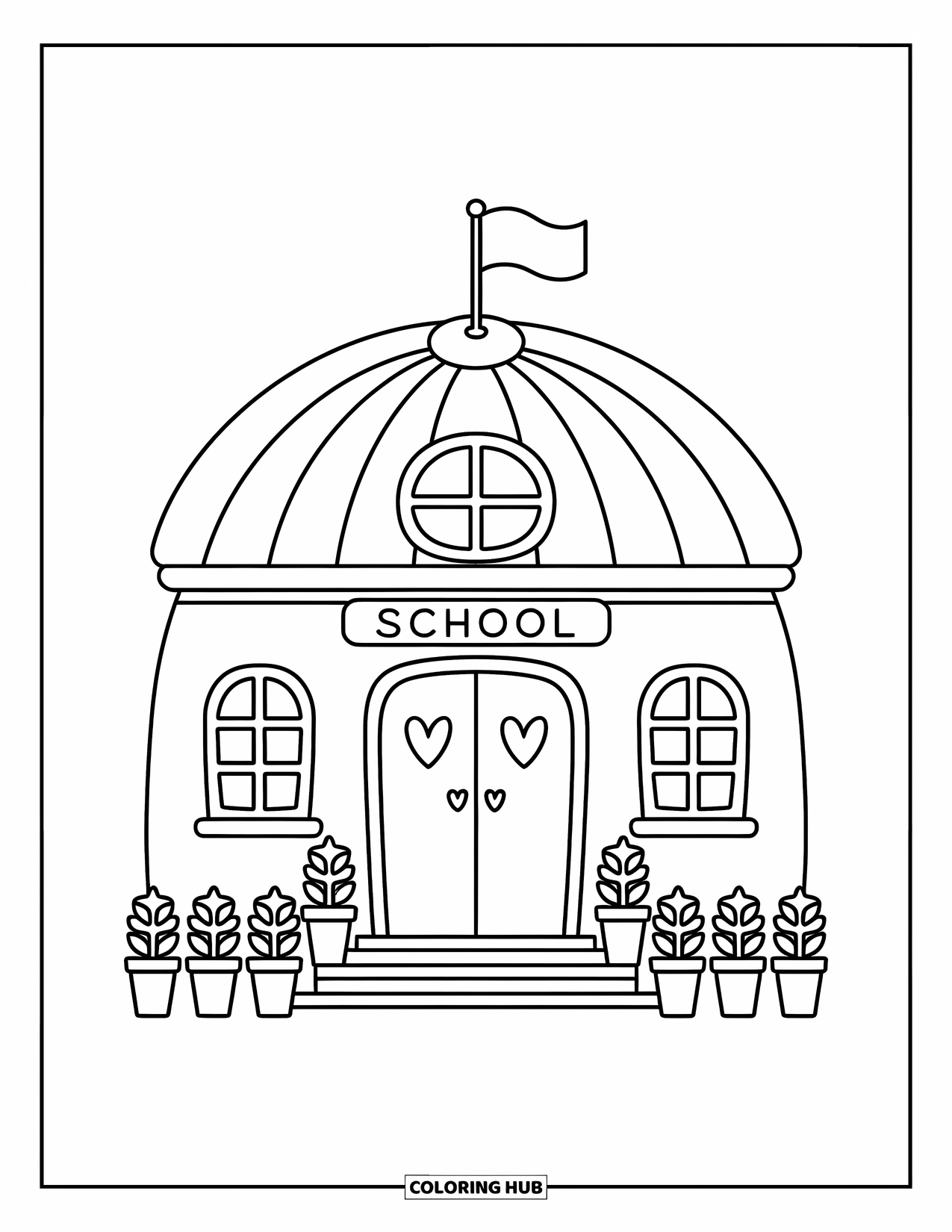 School Kleurplaat voor Volwassenen: Een schattig schoolgebouw met grote deuren, hartramen en planten staat met een zwaaiende vlag