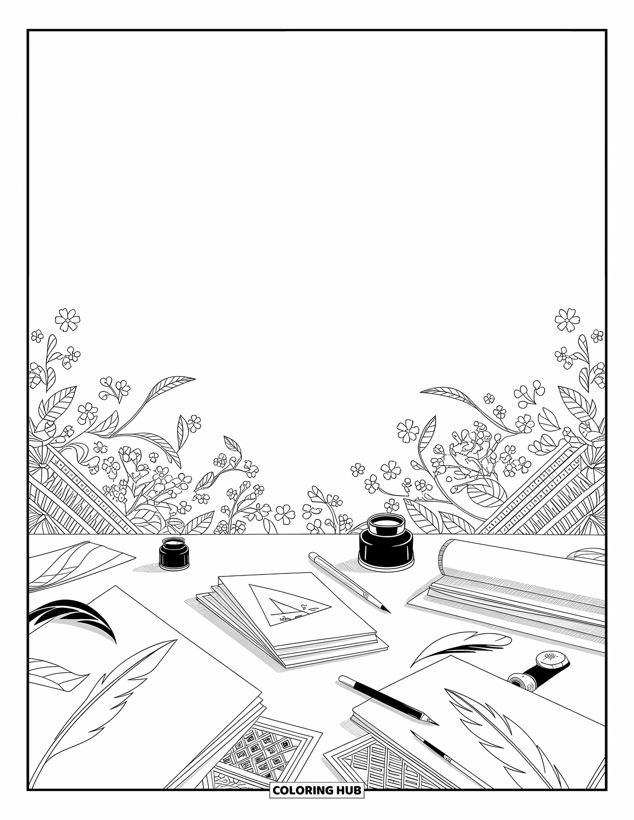 School Kleurplaat voor Volwassenen: Een bureau bedekt met schetsen, pennen, perkamentrollen en ingewikkelde decoratieve patronen