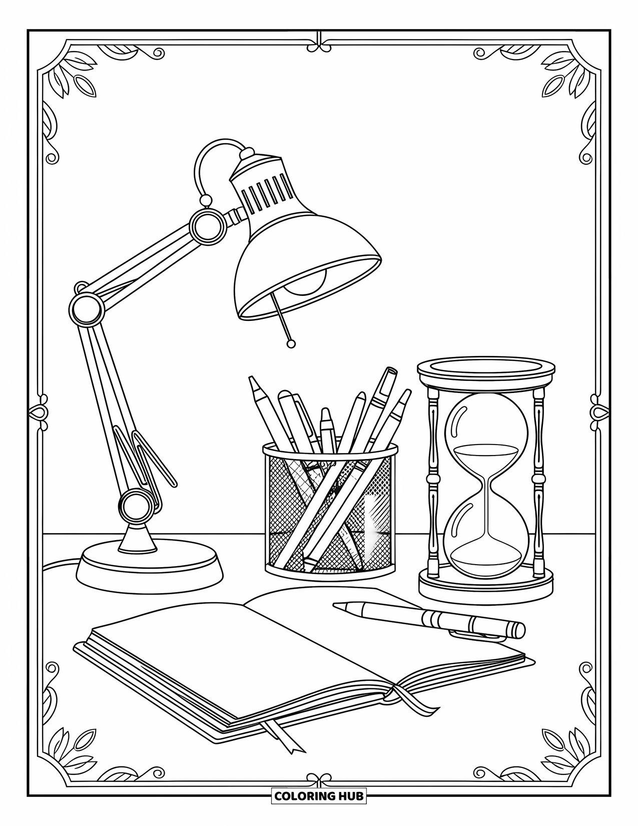 School Kleurplaat voor Volwassenen: Een bureauopstelling met een lamp, open notitieboek, pennen en ingewikkelde wervelende patronen