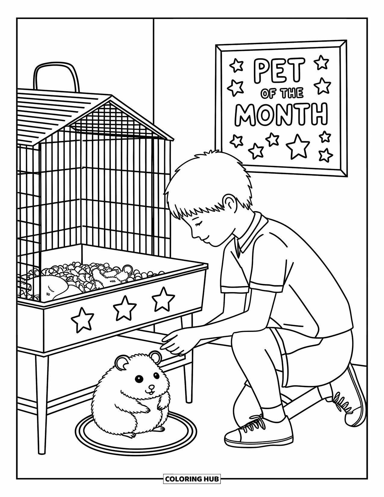 School Kleurplaat voor Volwassenen: Een blije hamster draait in zijn rad terwijl een student hem voorzichtig eten aanbiedt