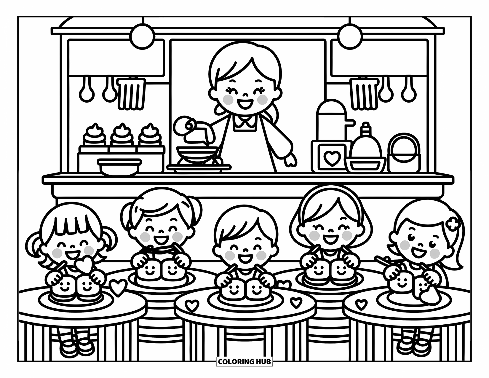School Kleurplaat voor Volwassenen: Een vrolijke kantinemedewerker serveert vier kinderen die genieten van met harten versierde dienbladen vol schattige snacks