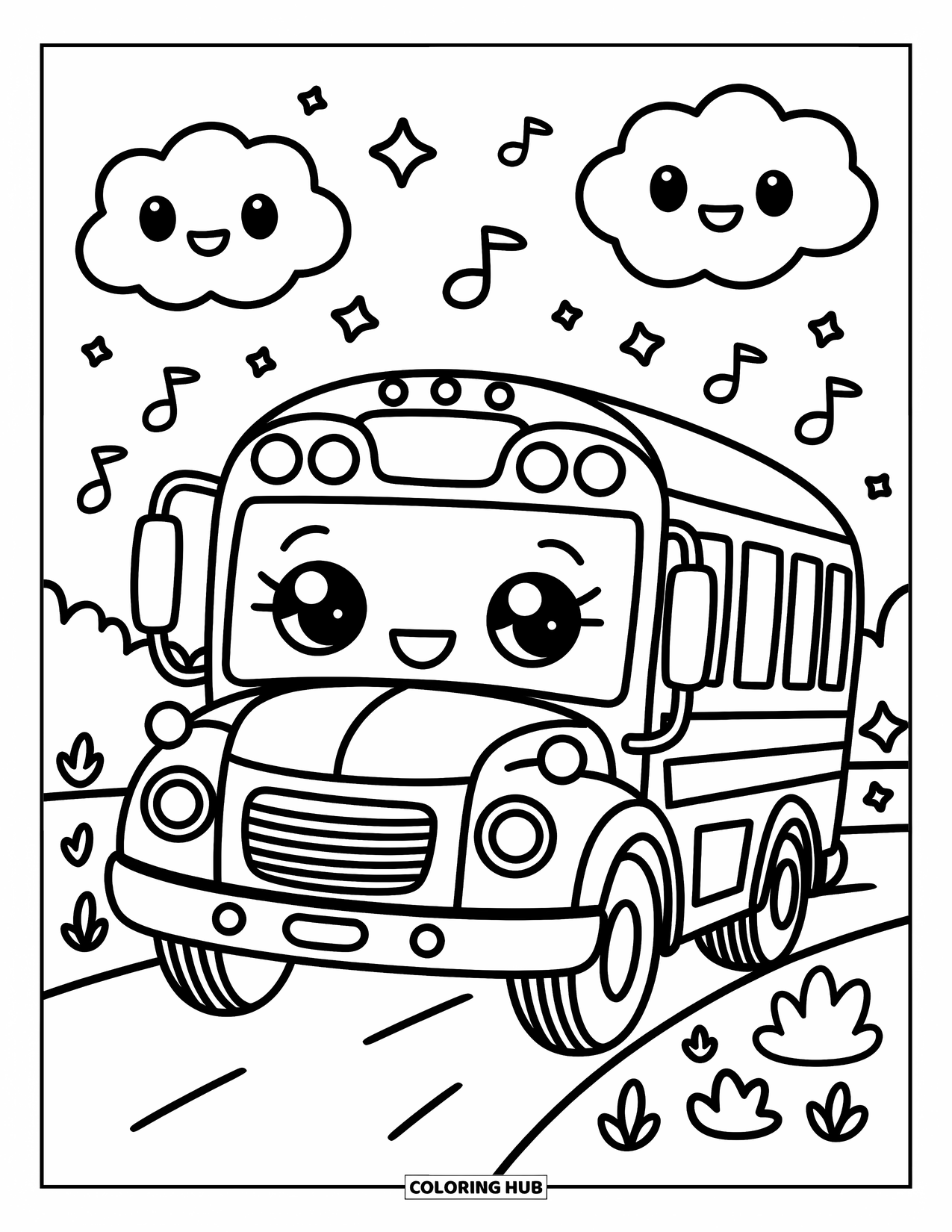 School Kleurplaat voor Volwassenen: Een vrolijke schoolbus met expressieve koplampen beweegt zich door speelse wolken en muzieknoten