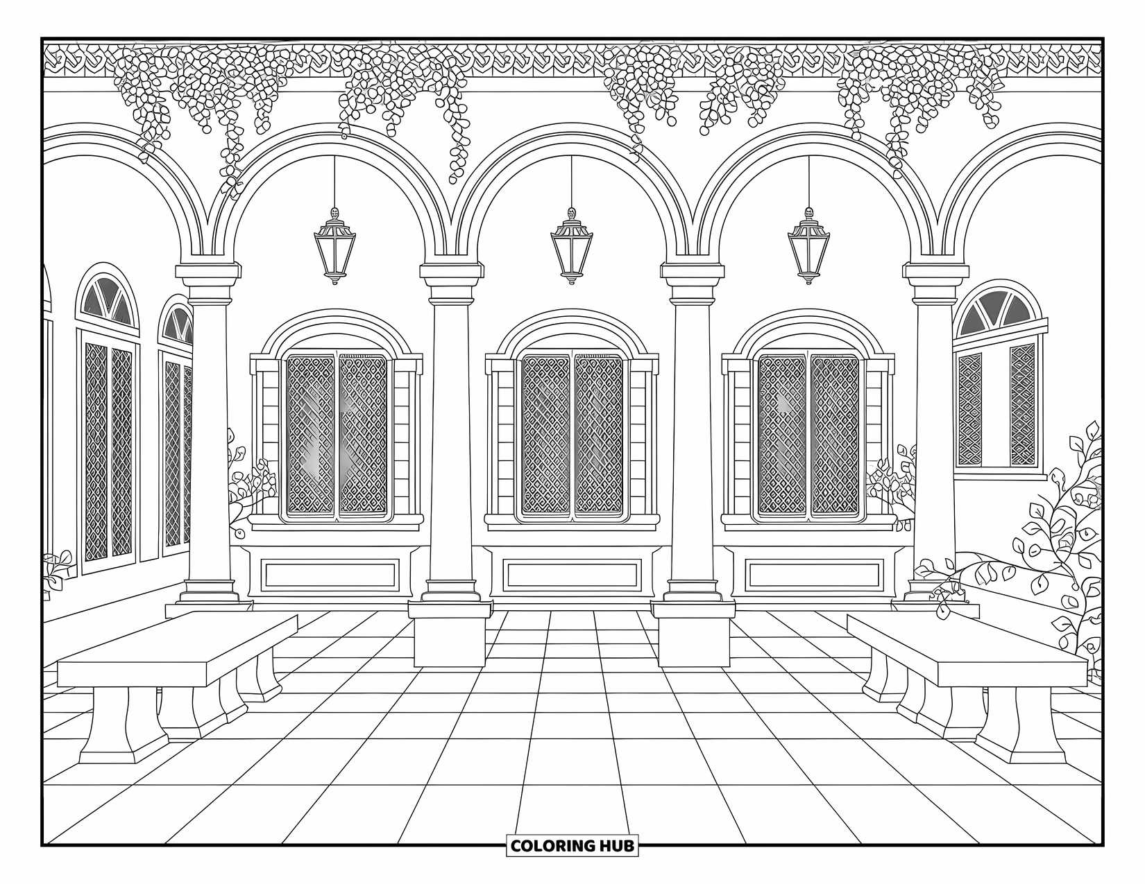 School Kleurplaat voor Volwassenen: Een vredige binnenplaats met elegante banken, lantaarns en ingewikkelde boogontwerpen