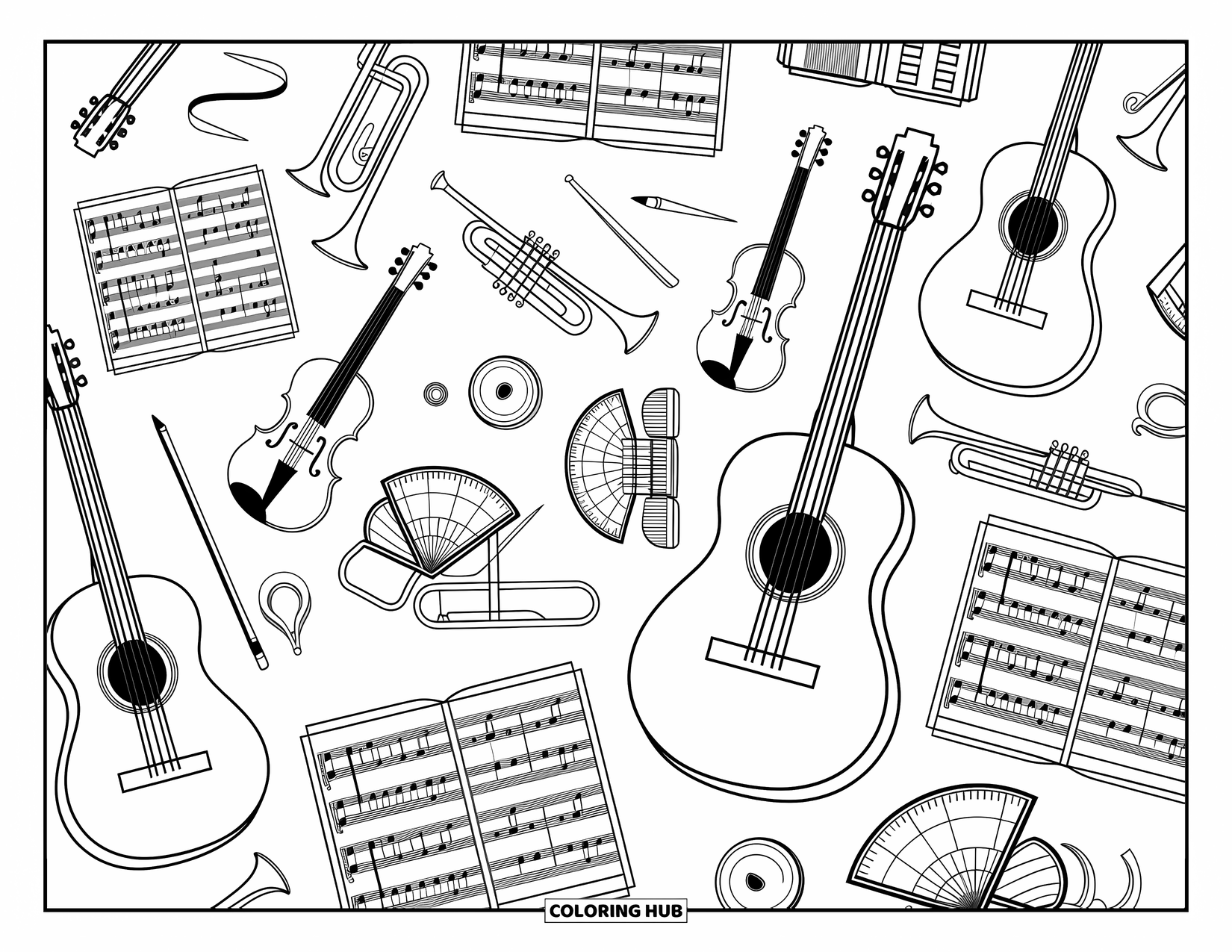 School Kleurplaat voor Volwassenen: Een ontspannende muziekzaalscène met instrumenten, bladmuziek en sierlijke achtergronddetails