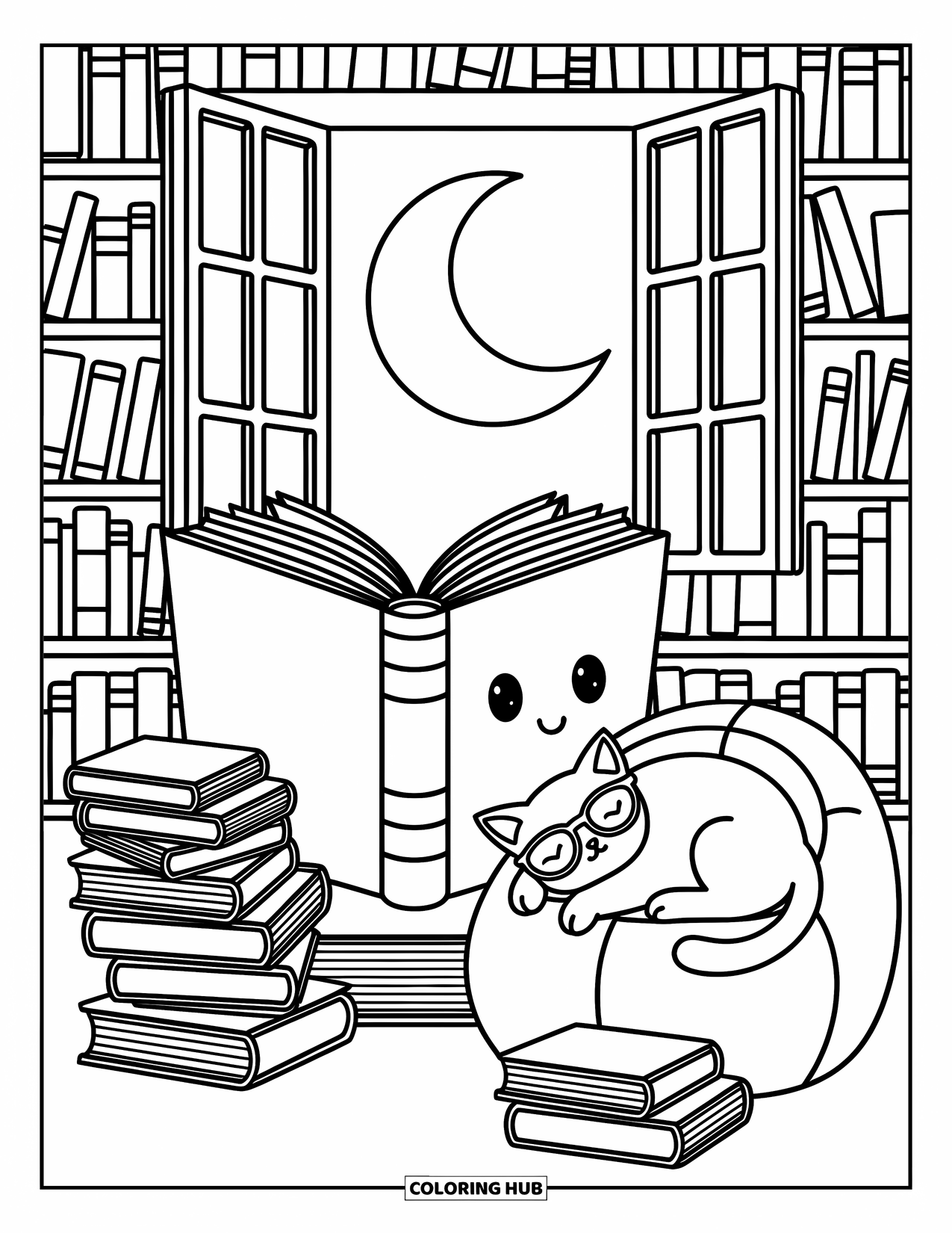 School Kleurplaat voor Volwassenen: Een slaperige kat met een bril rust op een zitzak naast lachende boeken en een gloeiende maan