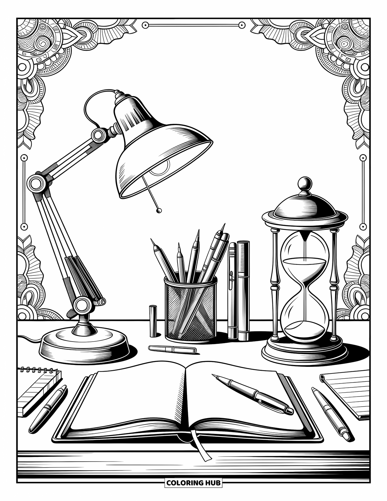 School Kleurplaat voor Volwassenen: Een lerarenbureauscène met een lamp, zandloper, pennen en elegante patroonranden
