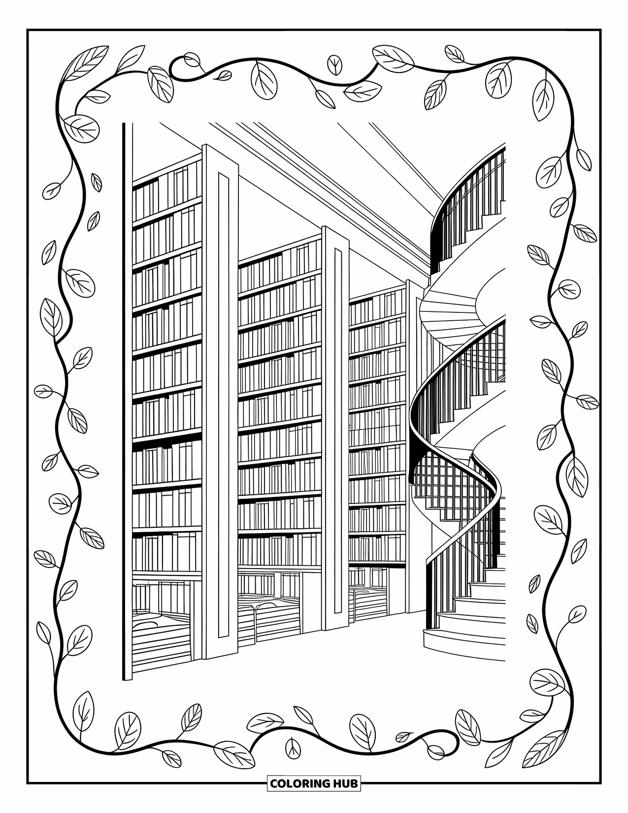 School Kleurplaat voor Volwassenen: Een rustige bibliotheekscène met gestapelde boeken, wervelende wijnranken en een wenteltrap