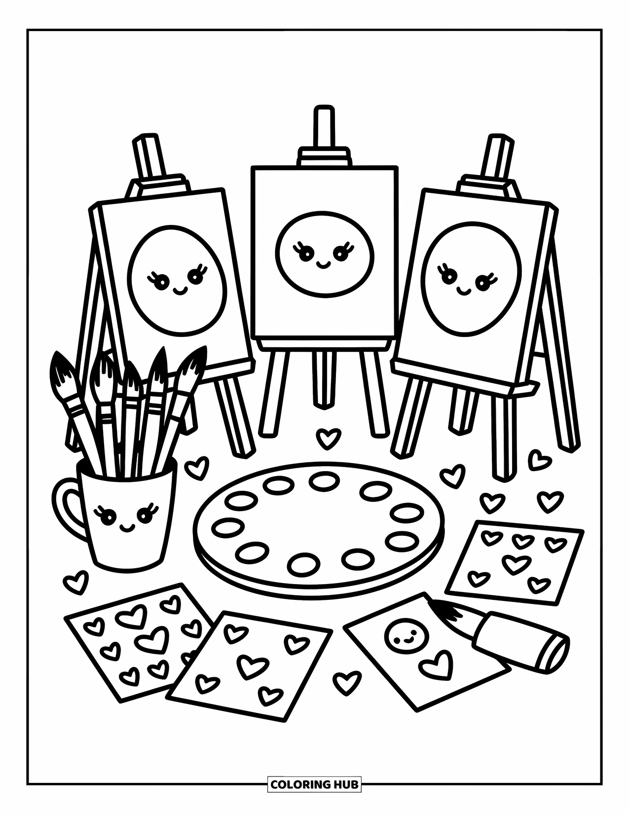 School Kleurplaat voor Volwassenen: Een kunstles met vrolijke schetsen, schattige penselen en hartvormen rond een palet