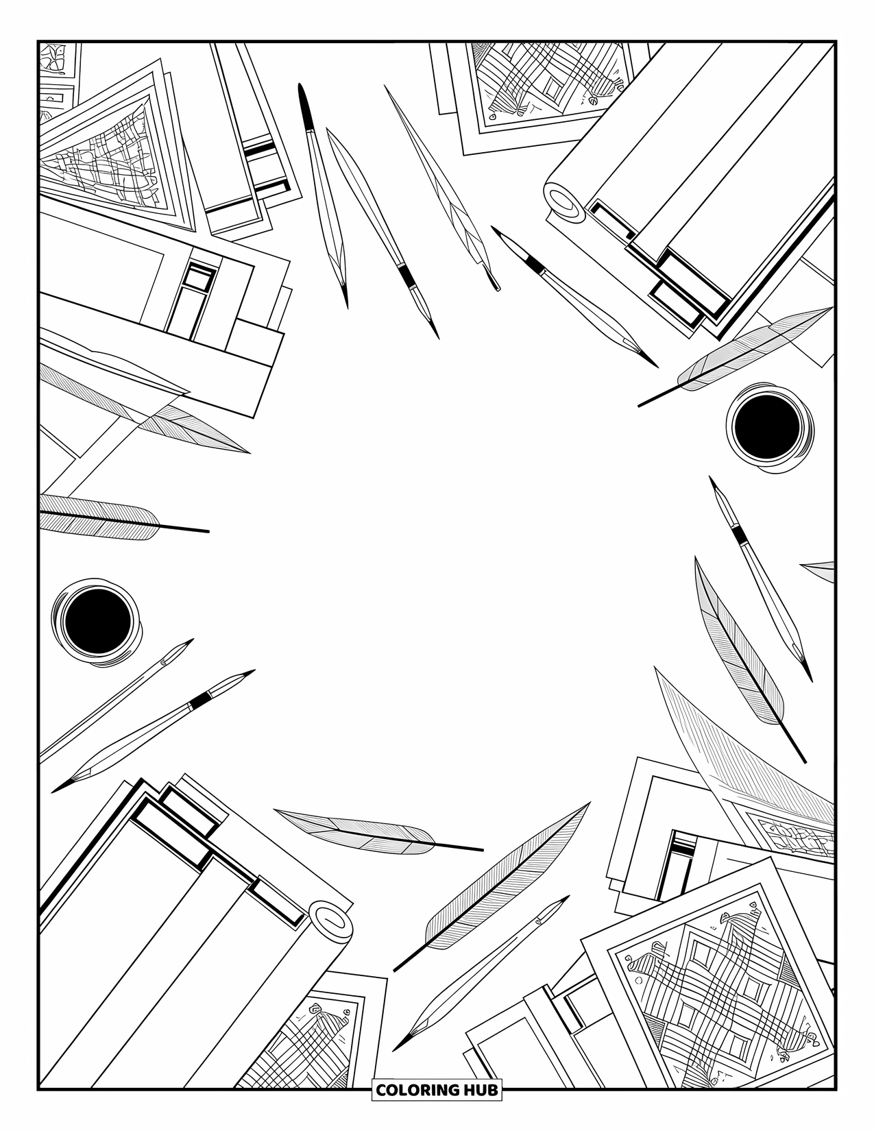 School Kleurplaat voor Volwassenen: Een artistieke bureauscène met verspreide schetsen, pennen en sierlijke achtergronddetails