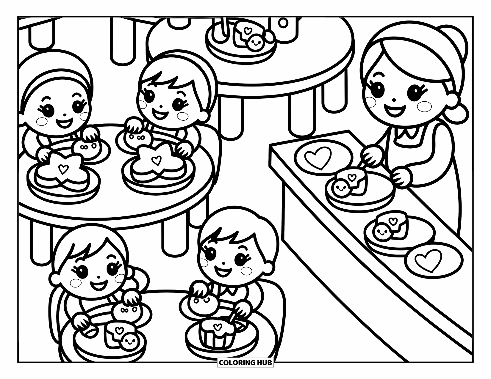 School Kleurplaat voor Volwassenen: Vier vrolijke kinderen zitten aan ronde tafels en smullen samen van sterrensandwiches en smiley-cupcakes