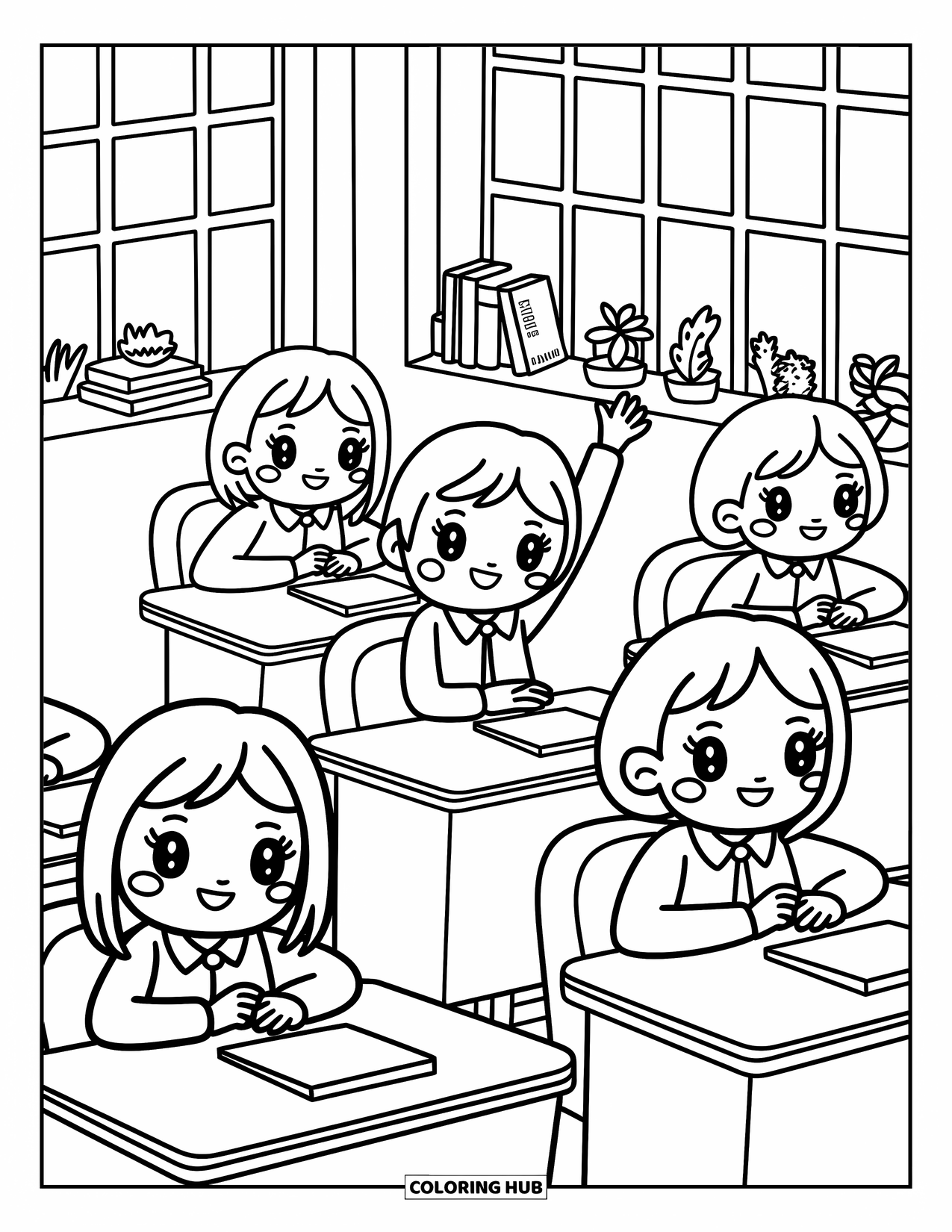 School Kleurplaat voor Volwassenen: Vier vrolijke studenten zitten in een gezellig klaslokaal met speelse planten en boeken in de buurt