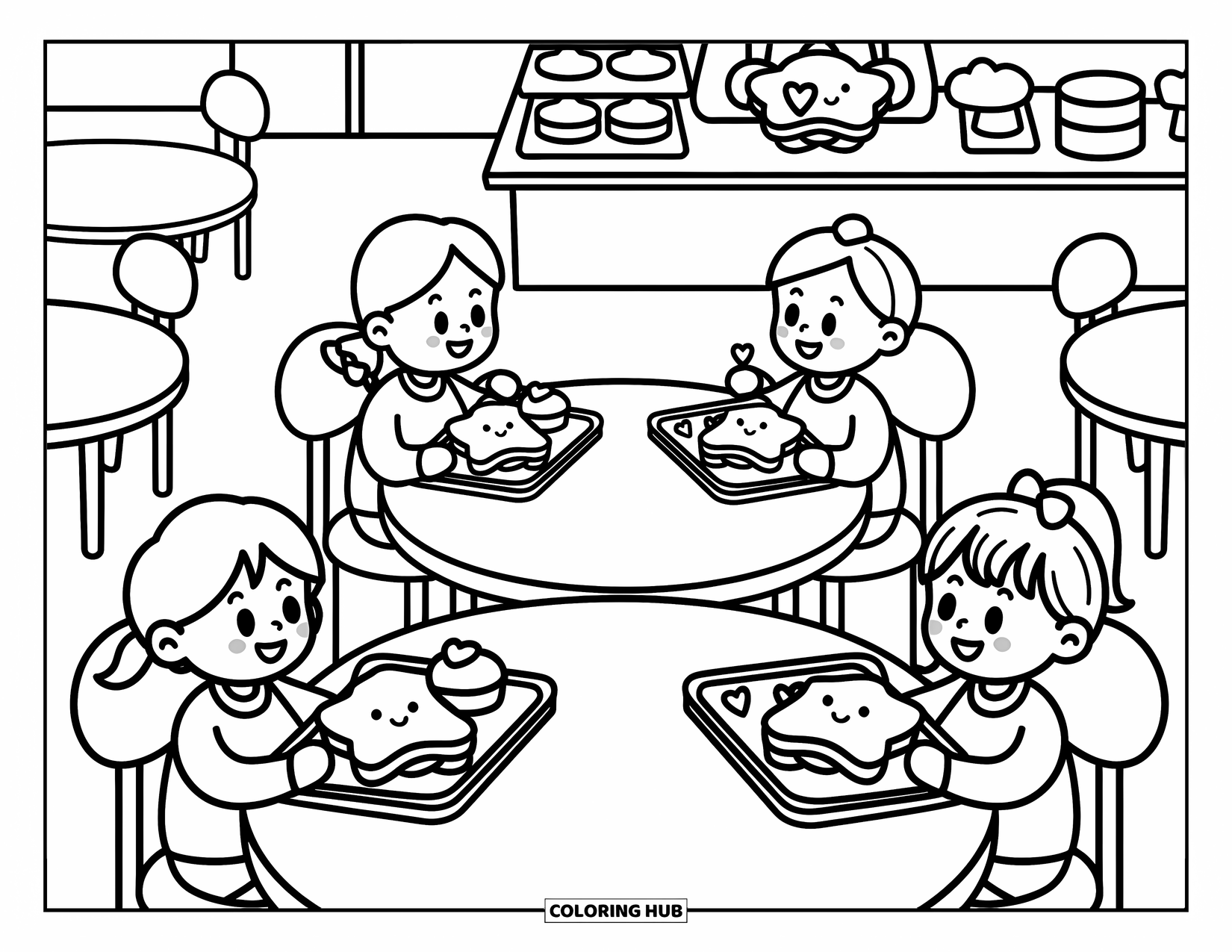 School Kleurplaat voor Volwassenen: Vier kinderen genieten van leuke lunches aan gezellige cafetaria tafels met een vrolijke kantinemedewerker in de buurt