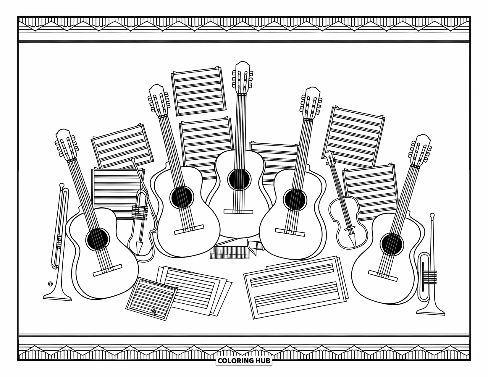 School Kleurplaat voor Volwassenen: Gitaren, violen en trompetten staan tussen bladmuziek met ingewikkelde wervelende patronen