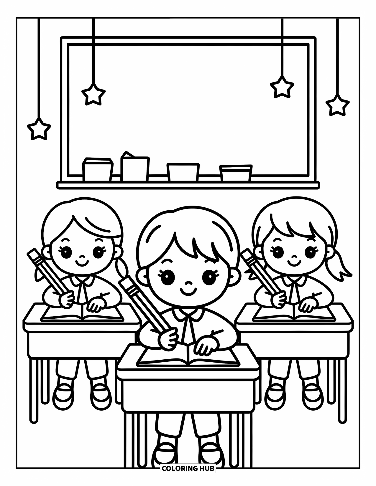 School Kleurplaat voor Volwassenen: Kinderen zitten aan ronde tafels met oversized potloden met sterren erboven en doodles op het bord
