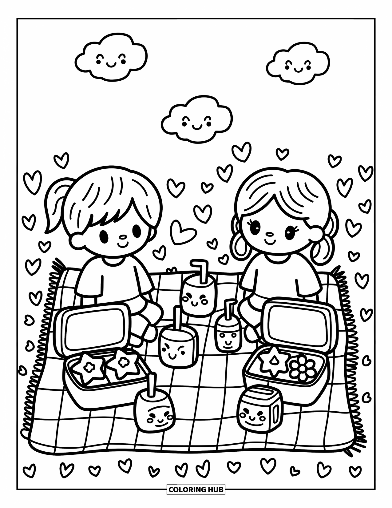 School Kleurplaat voor Volwassenen: Kinderen zitten op een deken met leuke bento-maaltijden en lachende pakjes drinken onder schattige wolken