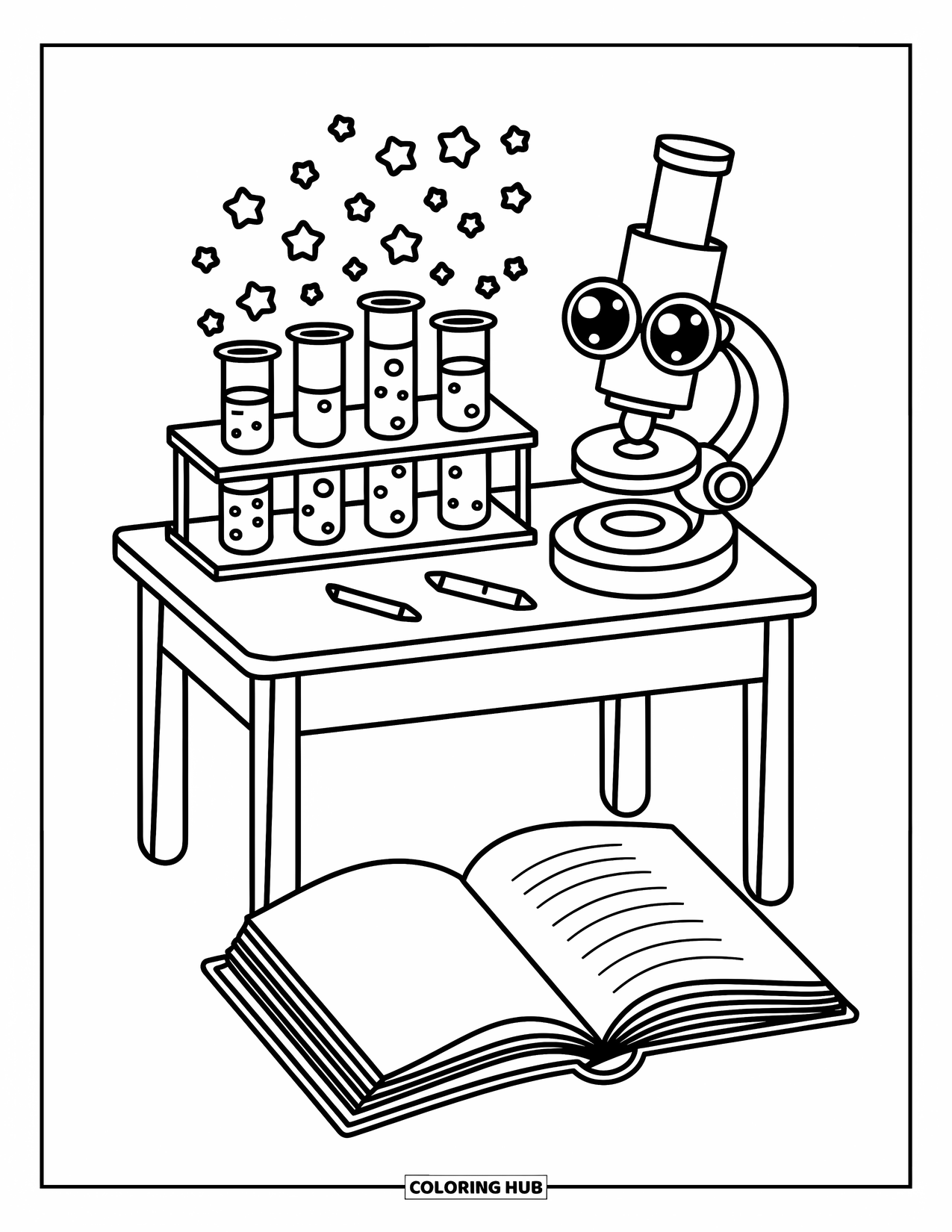 School Kleurplaat voor Volwassenen: Sterrenbellen stijgen op uit bekers in de buurt van een vrolijke microscoop en een open wetenschapsboek