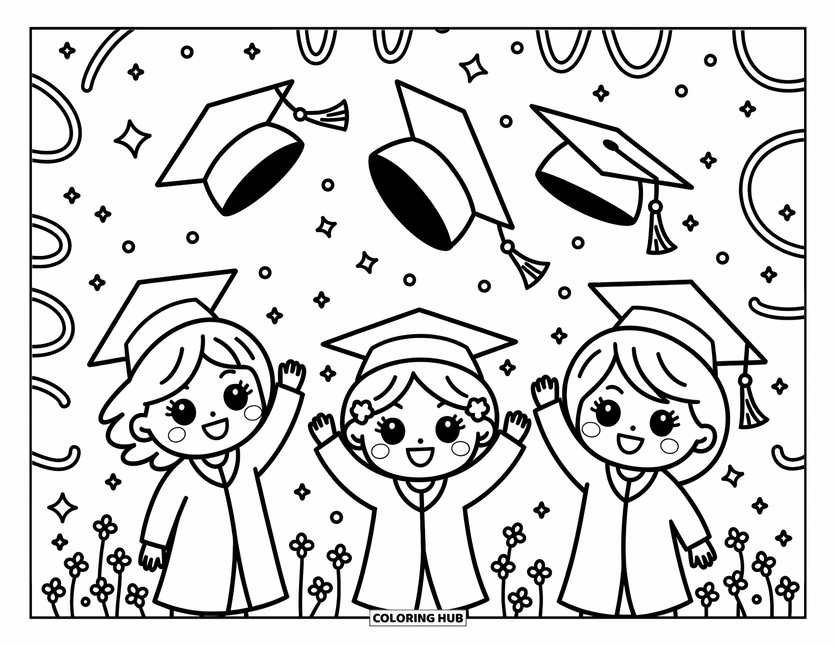 School Kleurplaat voor Volwassenen: Drie vrolijke kinderen vieren hun afstuderen, gooien met hoeden met wervelende confetti en kleine ballonnen in de buurt