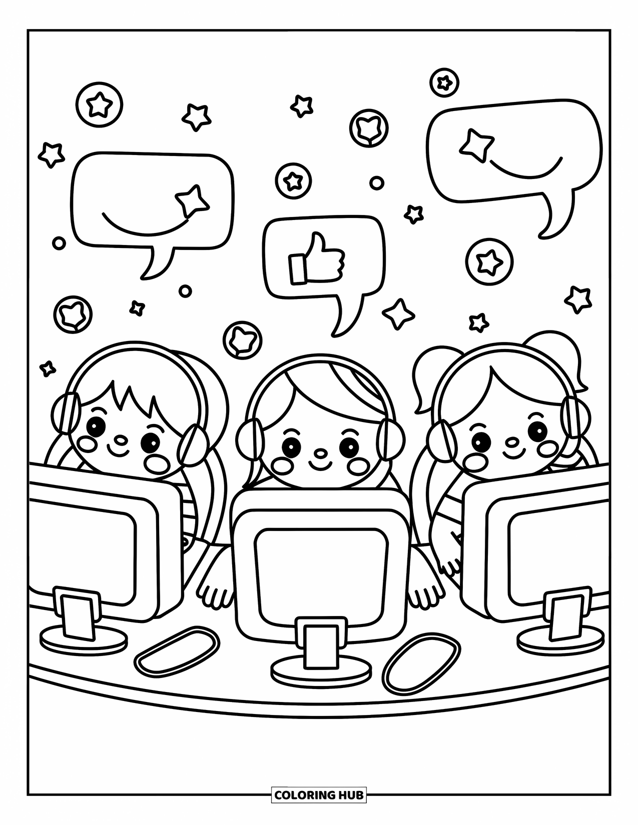 School Kleurplaat voor Volwassenen: Drie vrolijke kinderen zitten achter computers met speelse bubbels die duimen omhoog en sterren laten zien