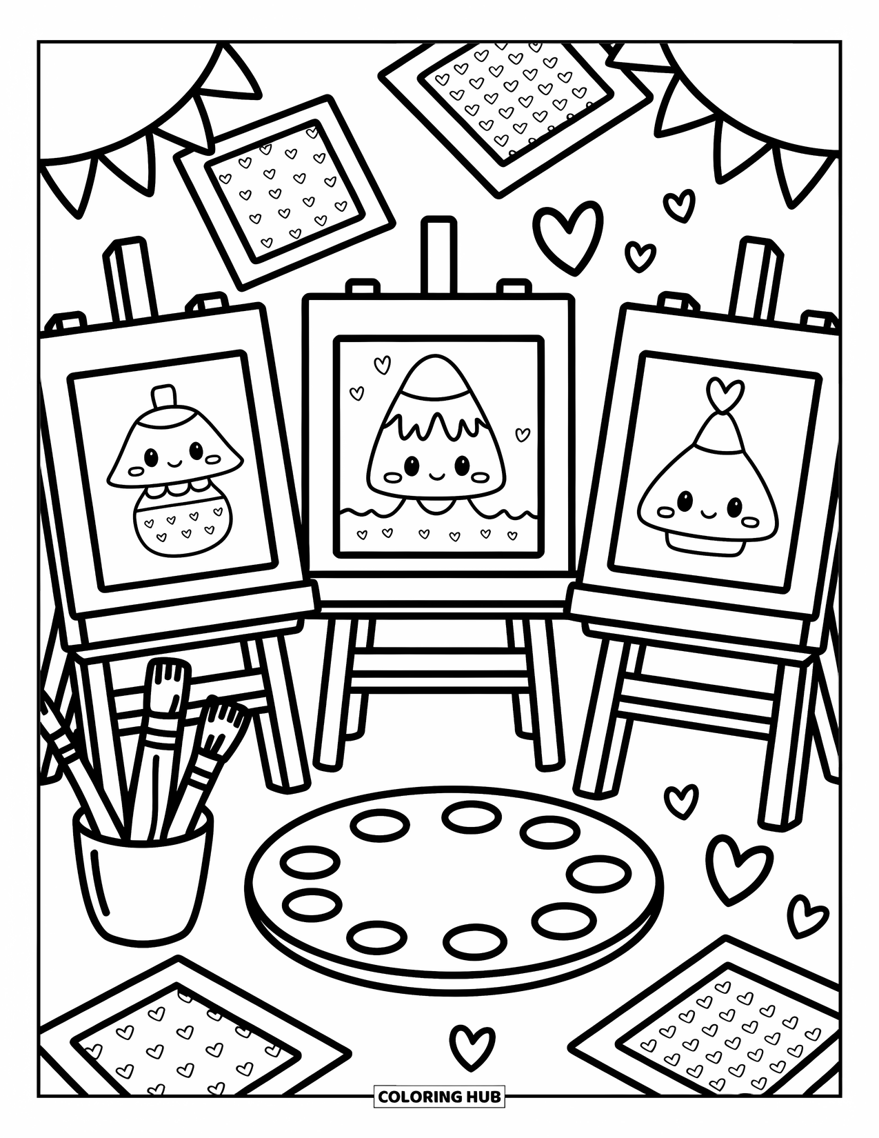 School Kleurplaat voor Volwassenen: Drie schildersezels tonen speelse tekeningen met penselen, verspreide papieren en kleine hartvormen