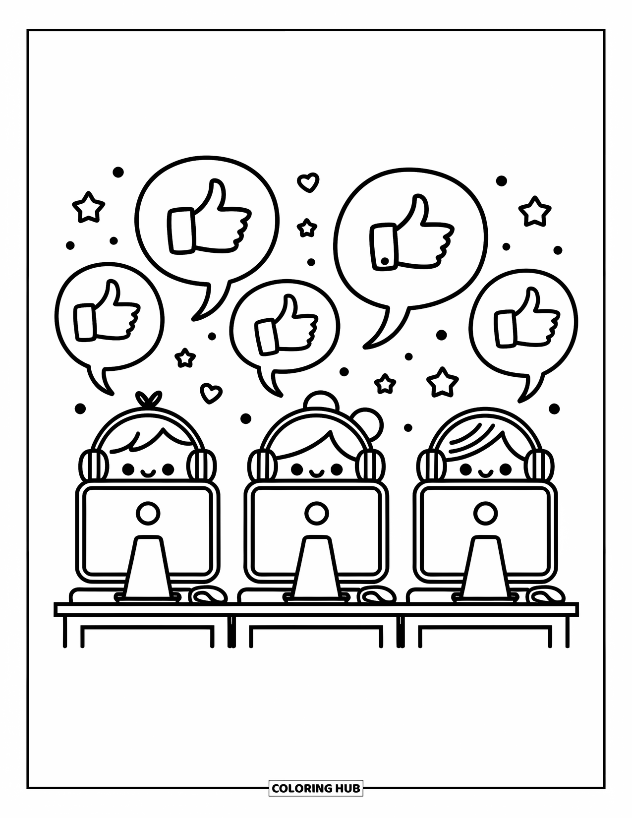 School Kleurplaat voor Volwassenen: Drie vrolijke kinderen zitten voor computers met vriendelijke tekstballonnen boven hun hoofd