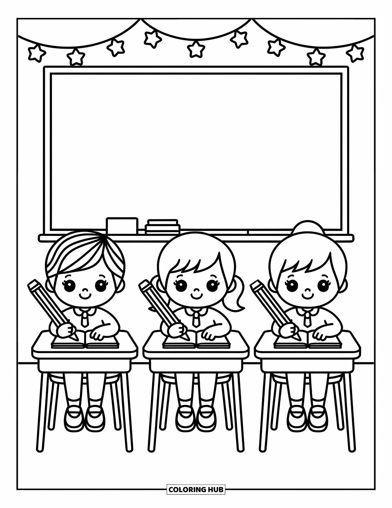 School Kleurplaat voor Volwassenen: Drie kinderen houden grote potloden vast aan ronde bureaus met sterrendecoraties en grillige bordtekeningen