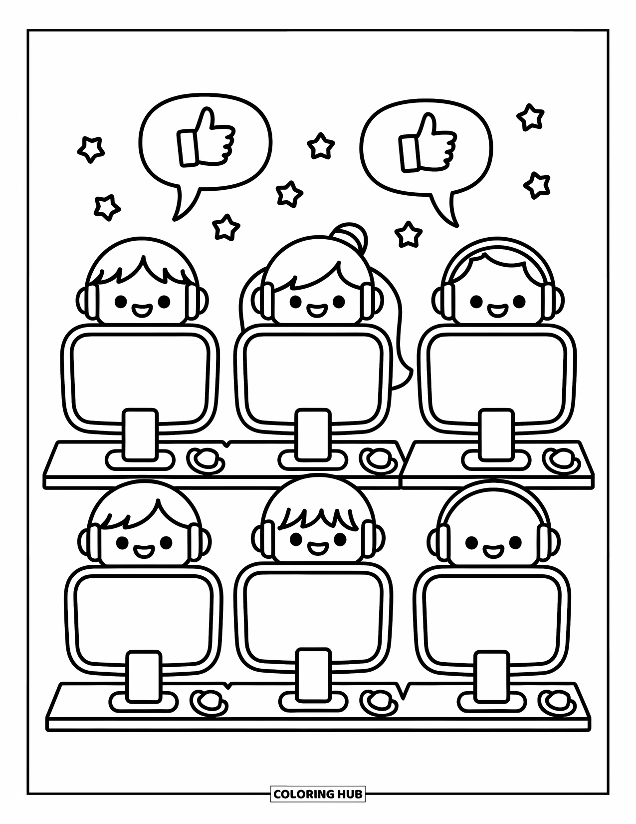 School Kleurplaat voor Volwassenen: Drie kinderen zitten in een gezellig computerlokaal met hoofdtelefoons en vriendelijke tekstballonnen