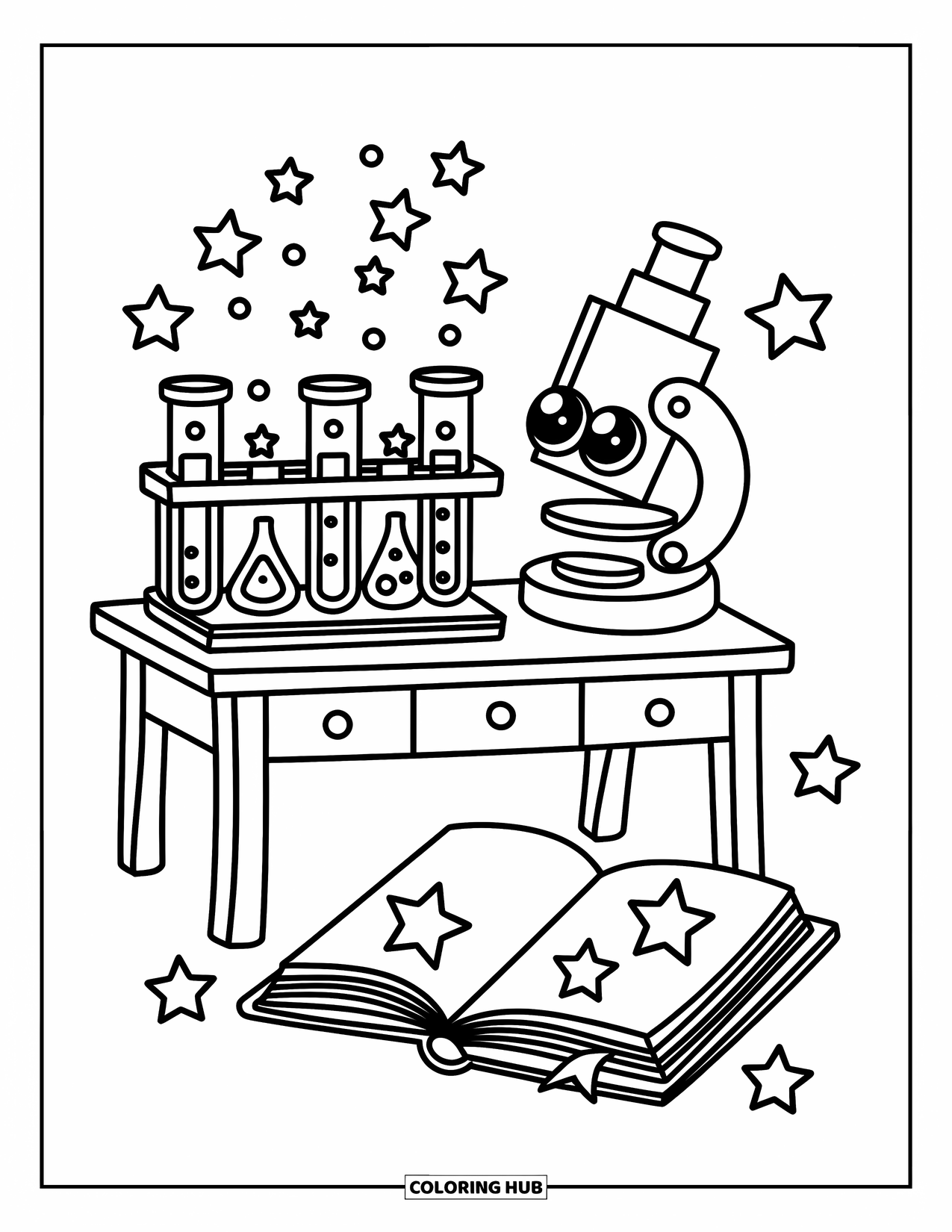 School Kleurplaat voor Volwassenen: Kleine sterrenbellen vullen bekers naast een speelse microscoop en een uitnodigend wetenschapsboek