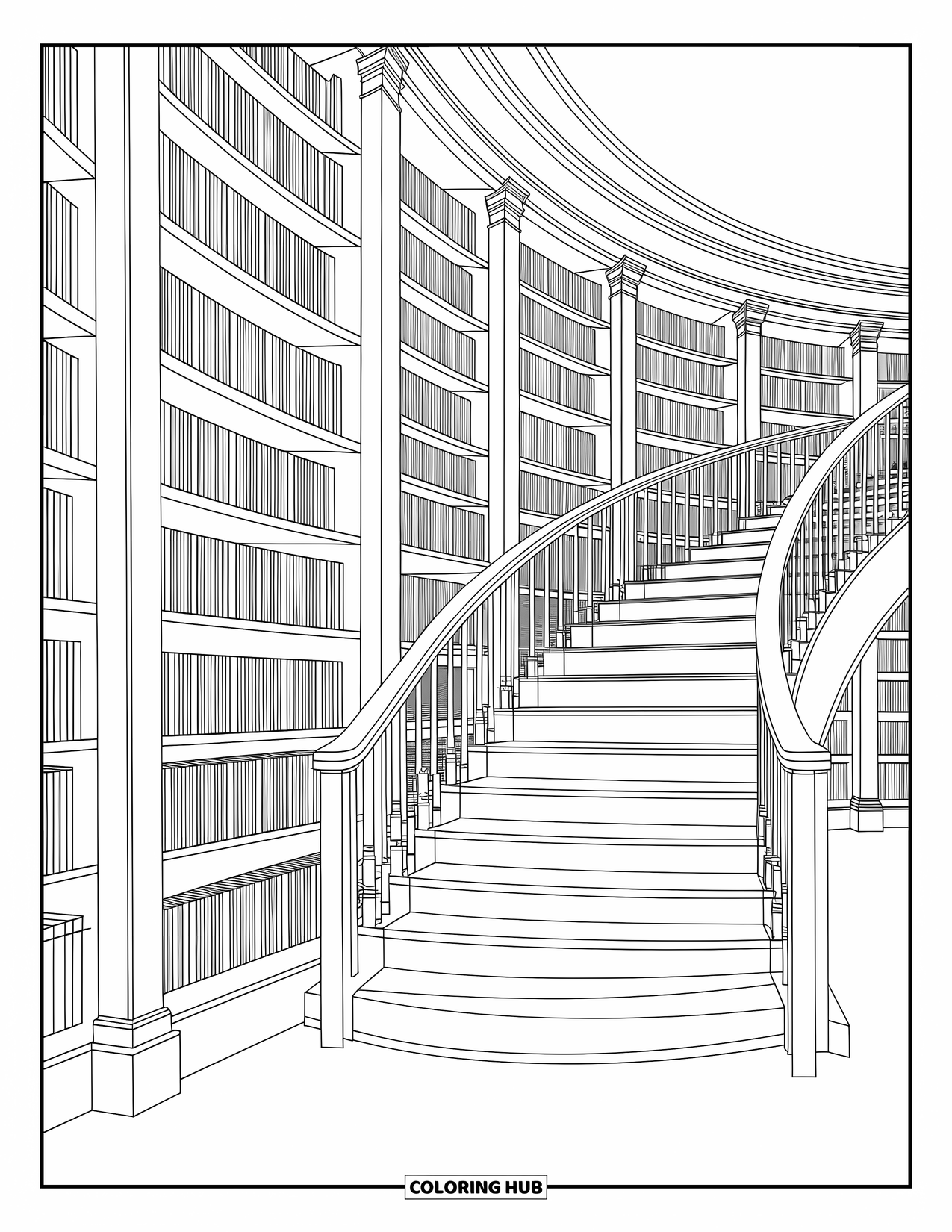 School Kleurplaat voor Volwassenen: Torenhoge boekenplanken en een wenteltrap vullen een vredige, gedetailleerde bibliotheekscène