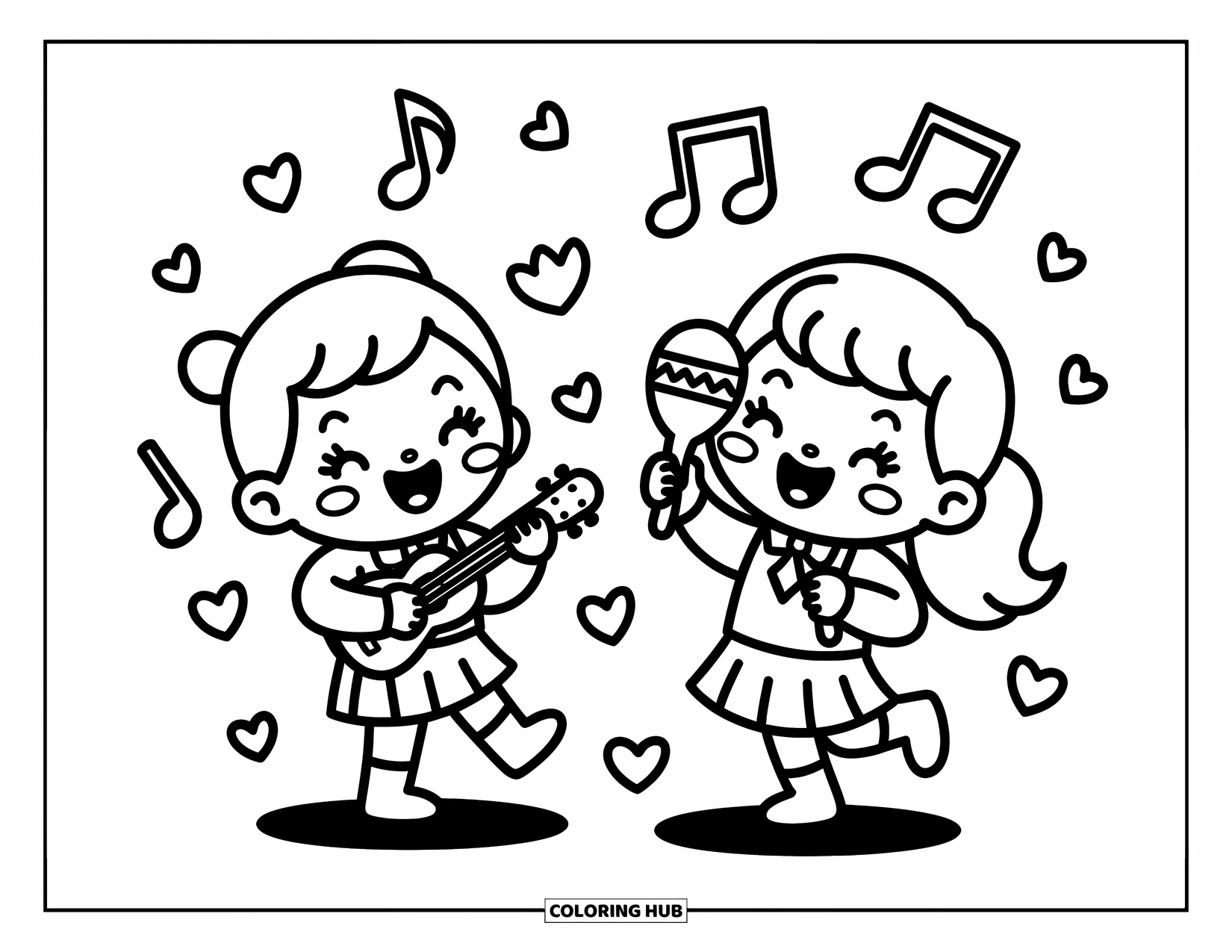 School Kleurplaat voor Volwassenen: Twee vrolijke kinderen spelen ukelele en maracas tussen speelse muzieknoten en harten