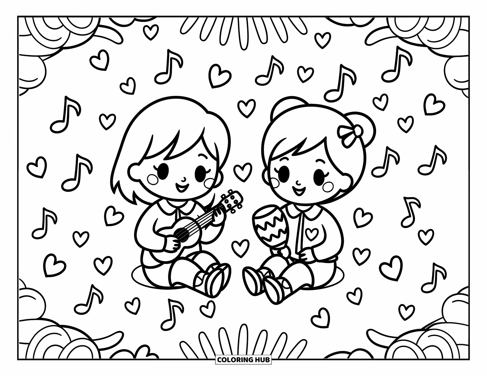 School Kleurplaat voor Volwassenen: Twee kinderen spelen muziek met een ukelele en maracas, omringd door dansende noten en harten
