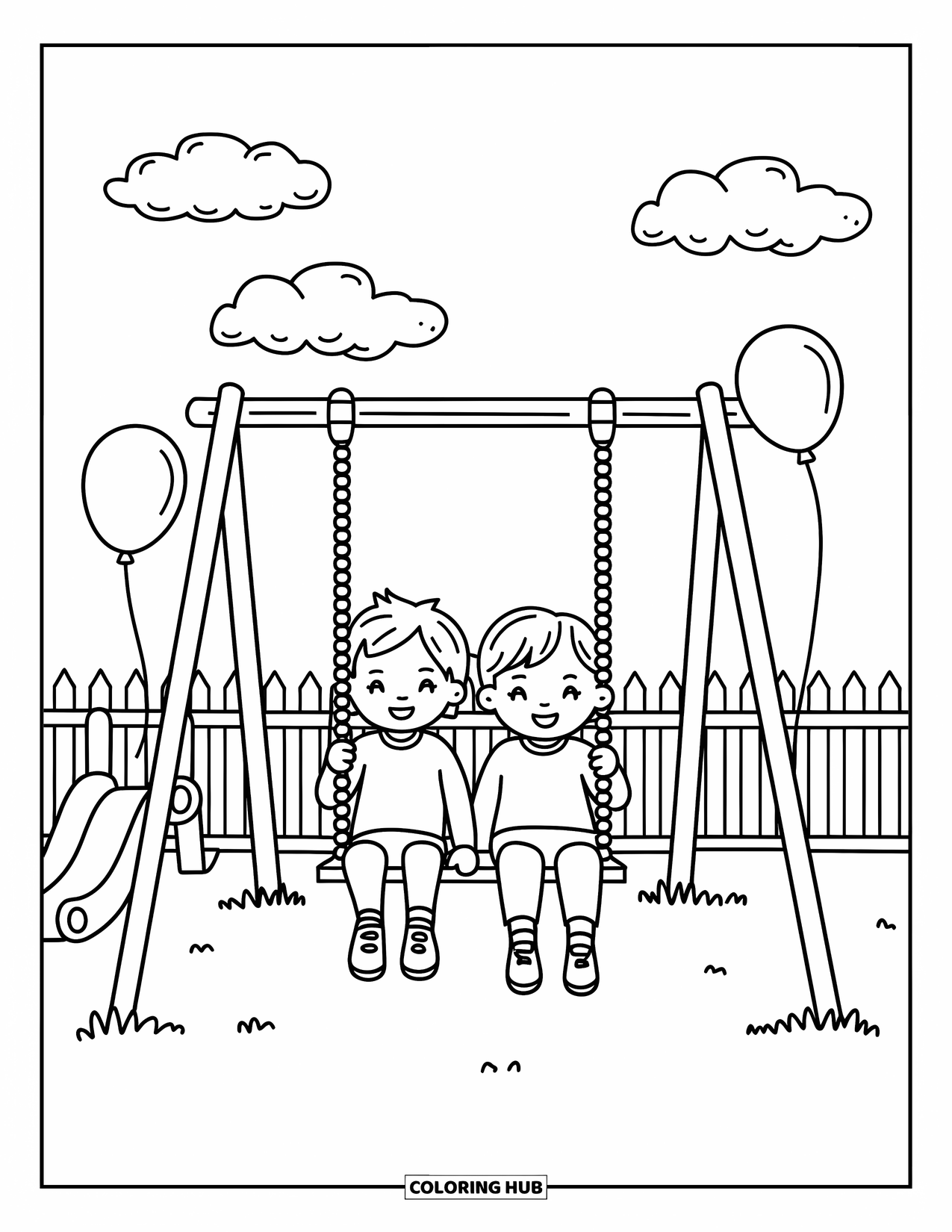 School Kleurplaat voor Volwassenen: Twee kinderen zitten op een schommel op een speelplaats met ballonnen en zachte wolken die om hen heen zweven