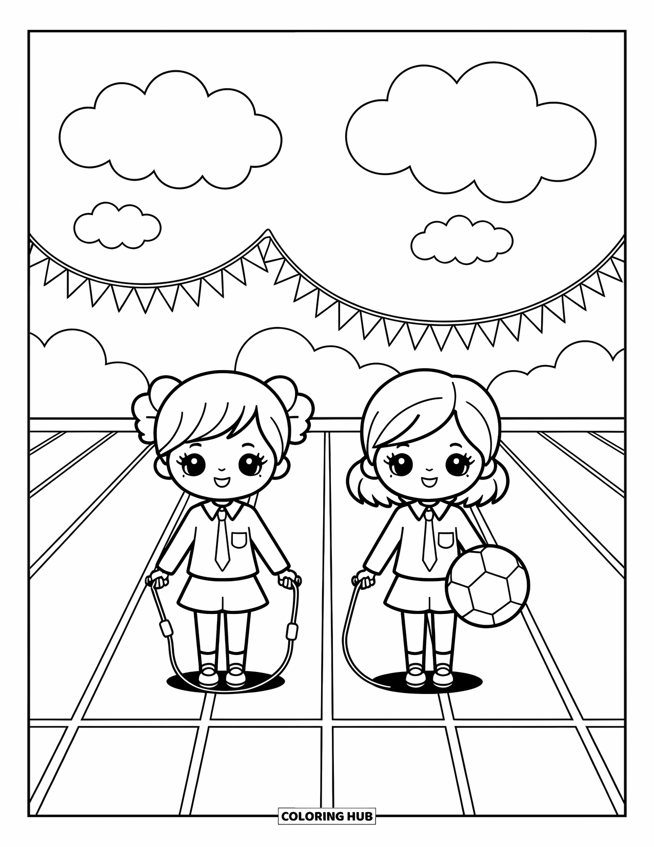 School Kleurplaat voor Volwassenen: Twee speelse studenten staan op een sportveld met kleine vlaggen en trofeevormige wolken