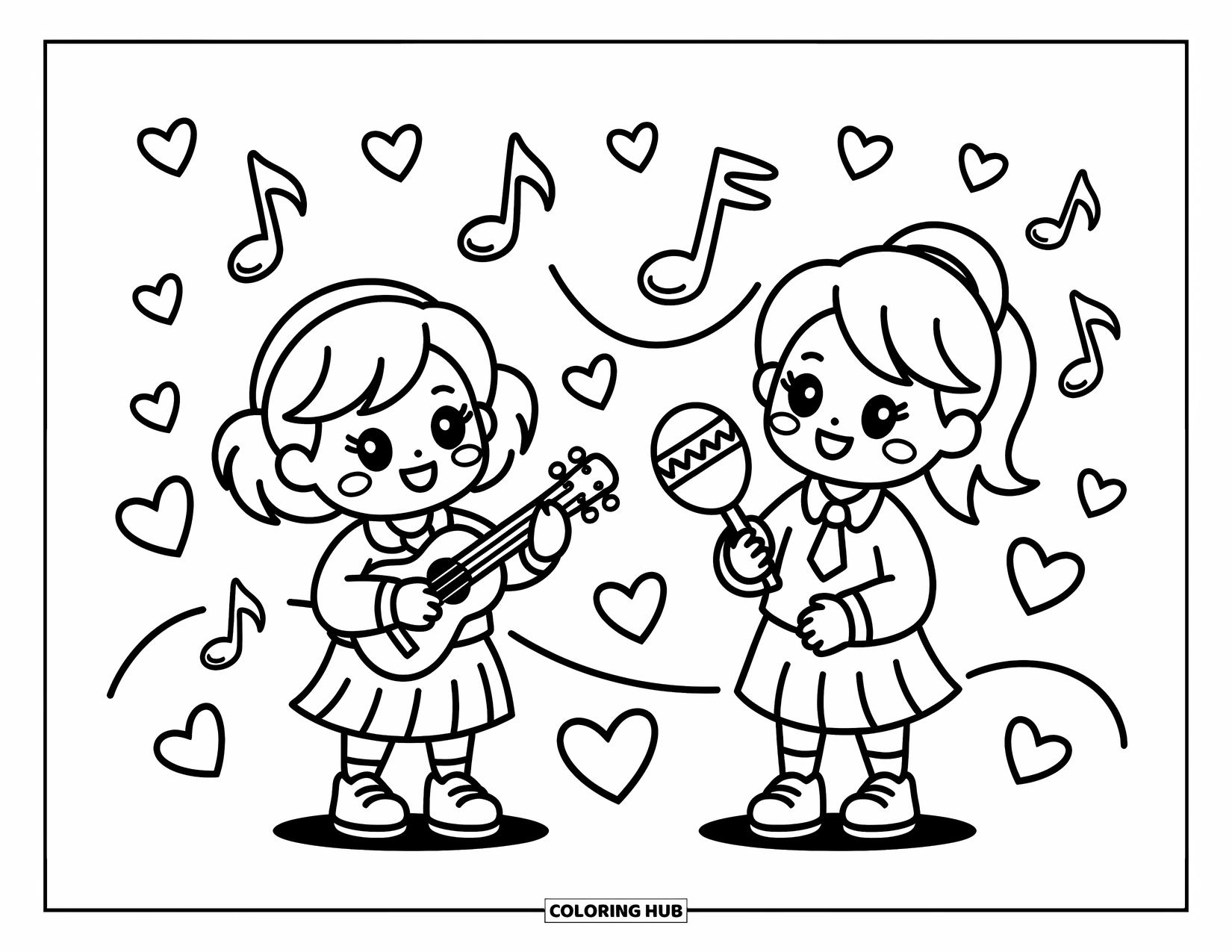 School Kleurplaat voor Volwassenen: Twee studenten spelen vrolijk op kleine instrumenten met zwevende harten en muzieknoten om hen heen