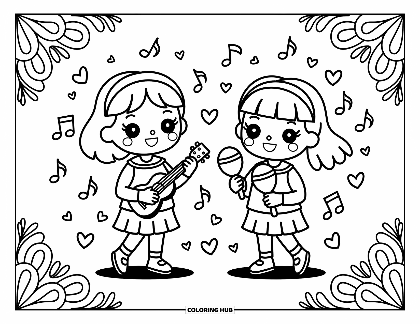 School Kleurplaat voor Volwassenen: Twee studenten spelen instrumenten terwijl muzieknoten en harten om hen heen wervelen