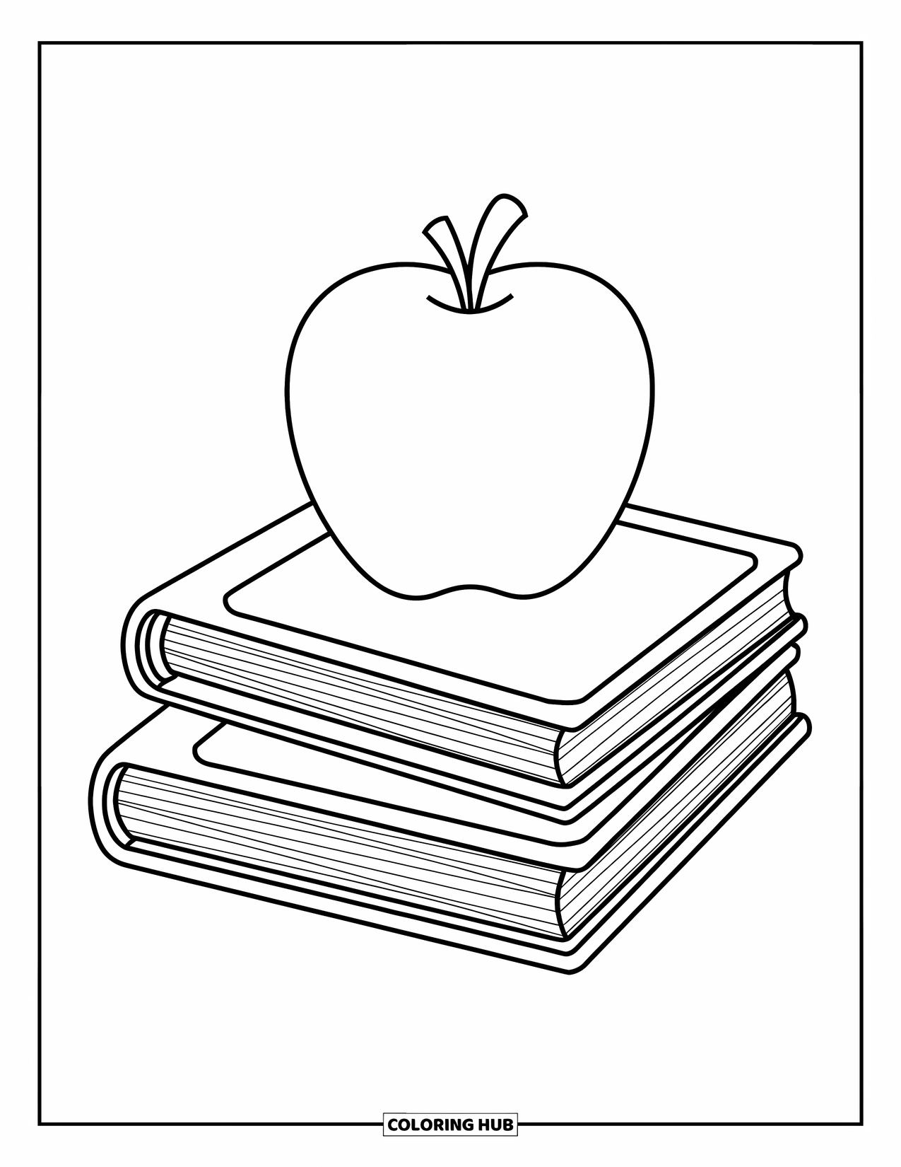 School Kleurplaat voor Kinderen: Een grote appel ligt op twee open boeken met speelse, eenvoudige lijnen